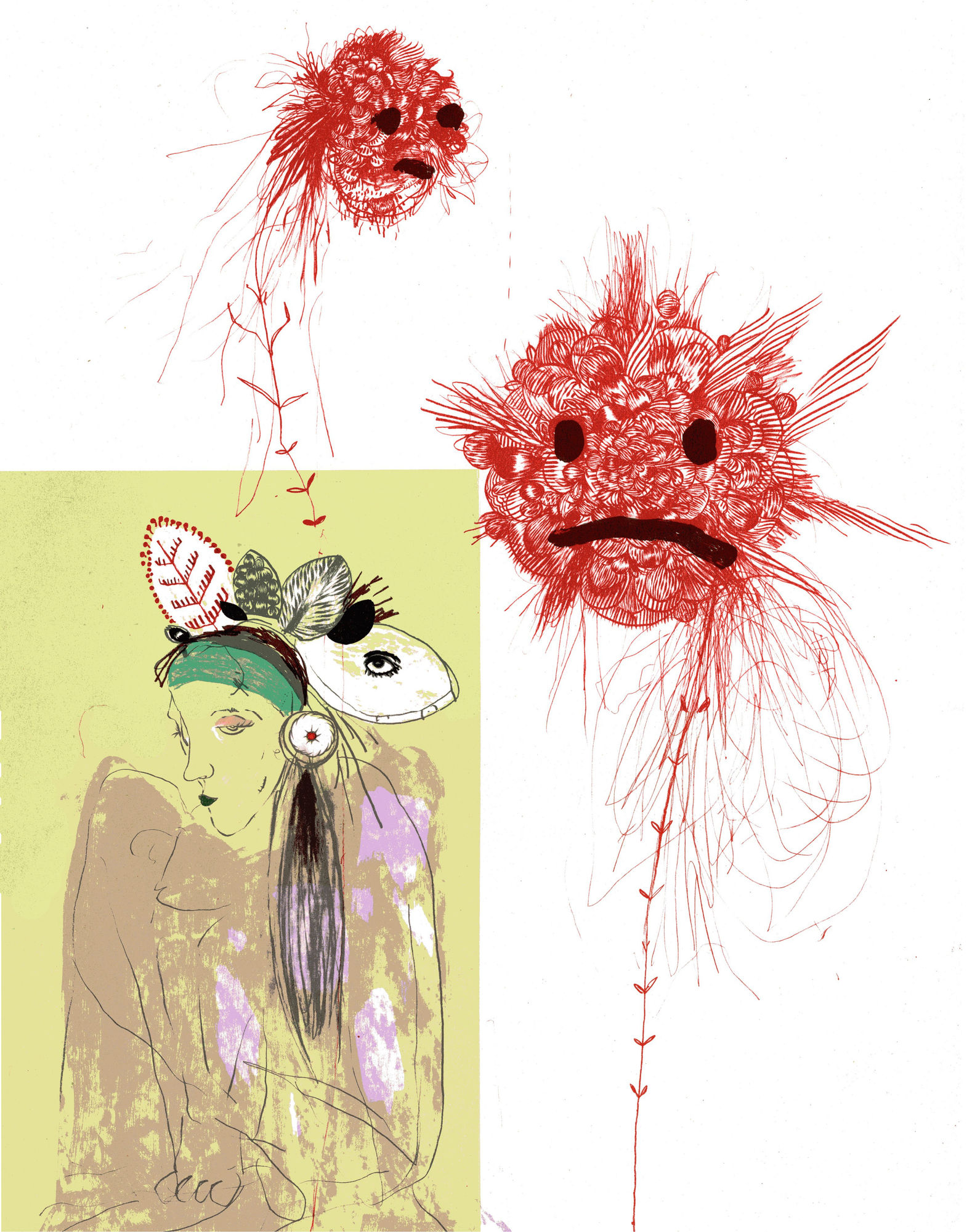 Colorful lithograph with strange cartoonish creatures 