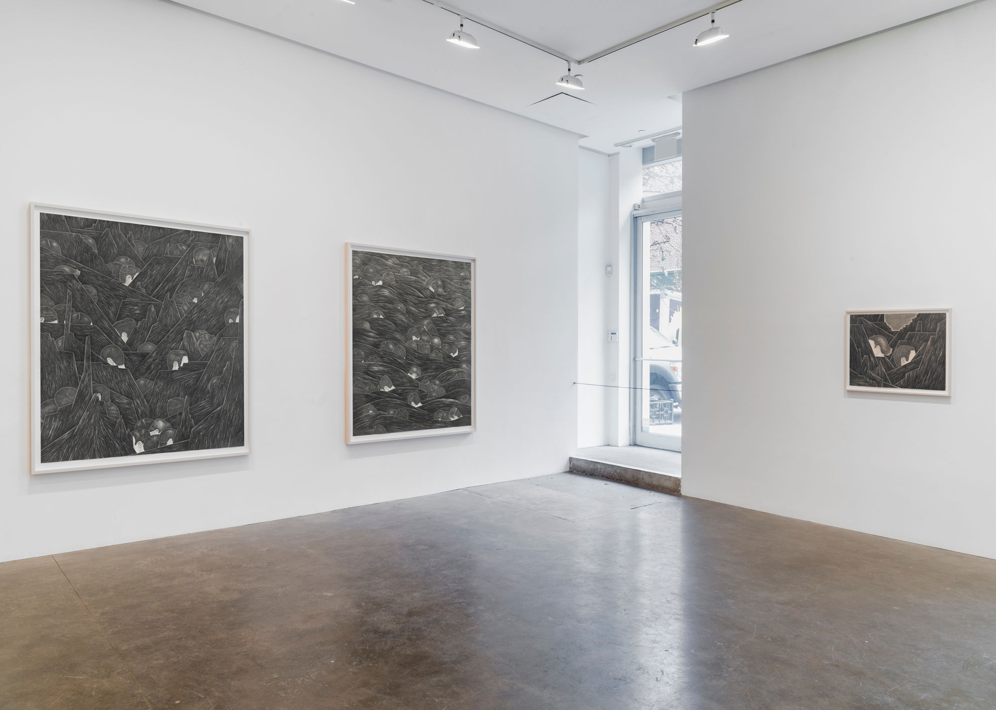 Installation view of three Robyn O'Neil drawings exhibited at Susan Inglett Gallery