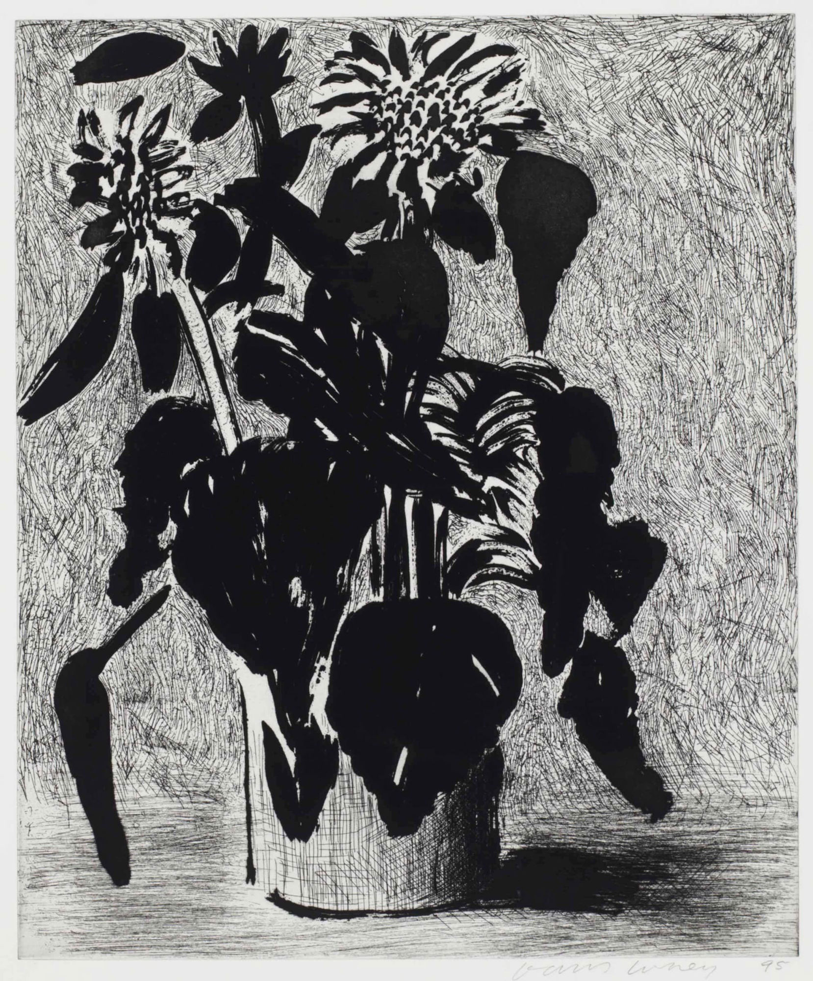 David Hockney Sunflower II, 1995 Etching and aquatint. Signed in pencil and numbered from the edition of 80. Printed by Maurice Payne; Los Angeles, New York. Published by Lococo Moulder Inc. Maurice Payne; Los Angeles, New York. 38 x 46 cm (15 x 18 1/8 in)