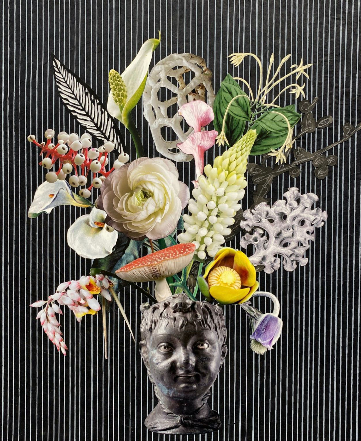 Roman Head with Lupine, Barbie Pagoda and Calla Lily, 2021 Unique botanical collage using digital printing, coloured pencil, Sumi ink, watercolour and gouache, hand cut and assembled on collaged Japanese papers over cotton rag. Initialed in pencil on front, signed verso. 54.6 x 45.1 cm (21.5 x 17.75 in)