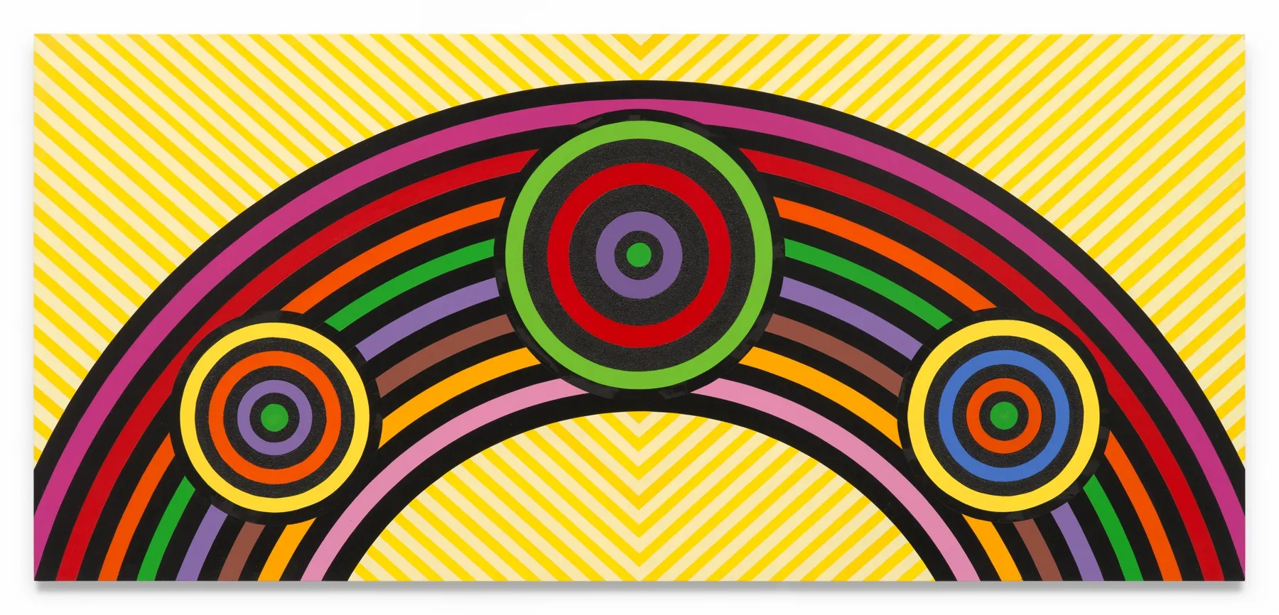 RICO GATSON Untitled (Rainbow Targets), 2024 Acrylic paint and glitter on wood 36 x 80 inches 91.4 x 203.2 cm