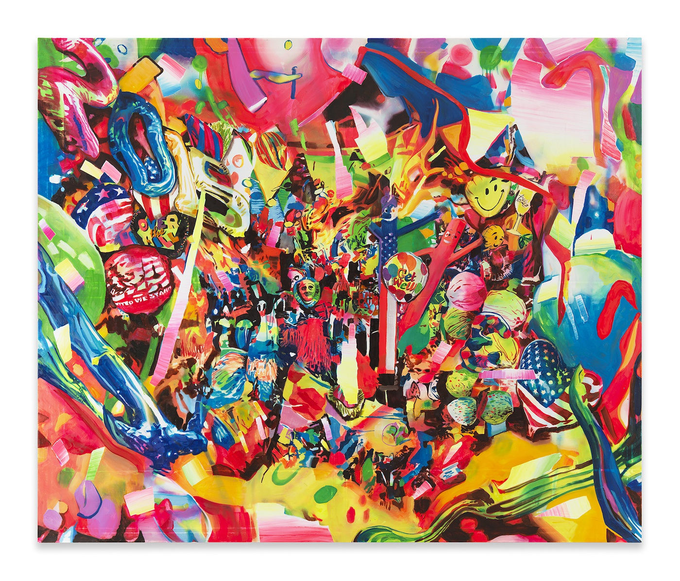 ROSSON CROW Party Supply Explosion, 2024 Acrylic, spray paint, photo transfer, and oil on canvas 70 x 84 inches 177.8 x 213.4 cm (MMG#36438)