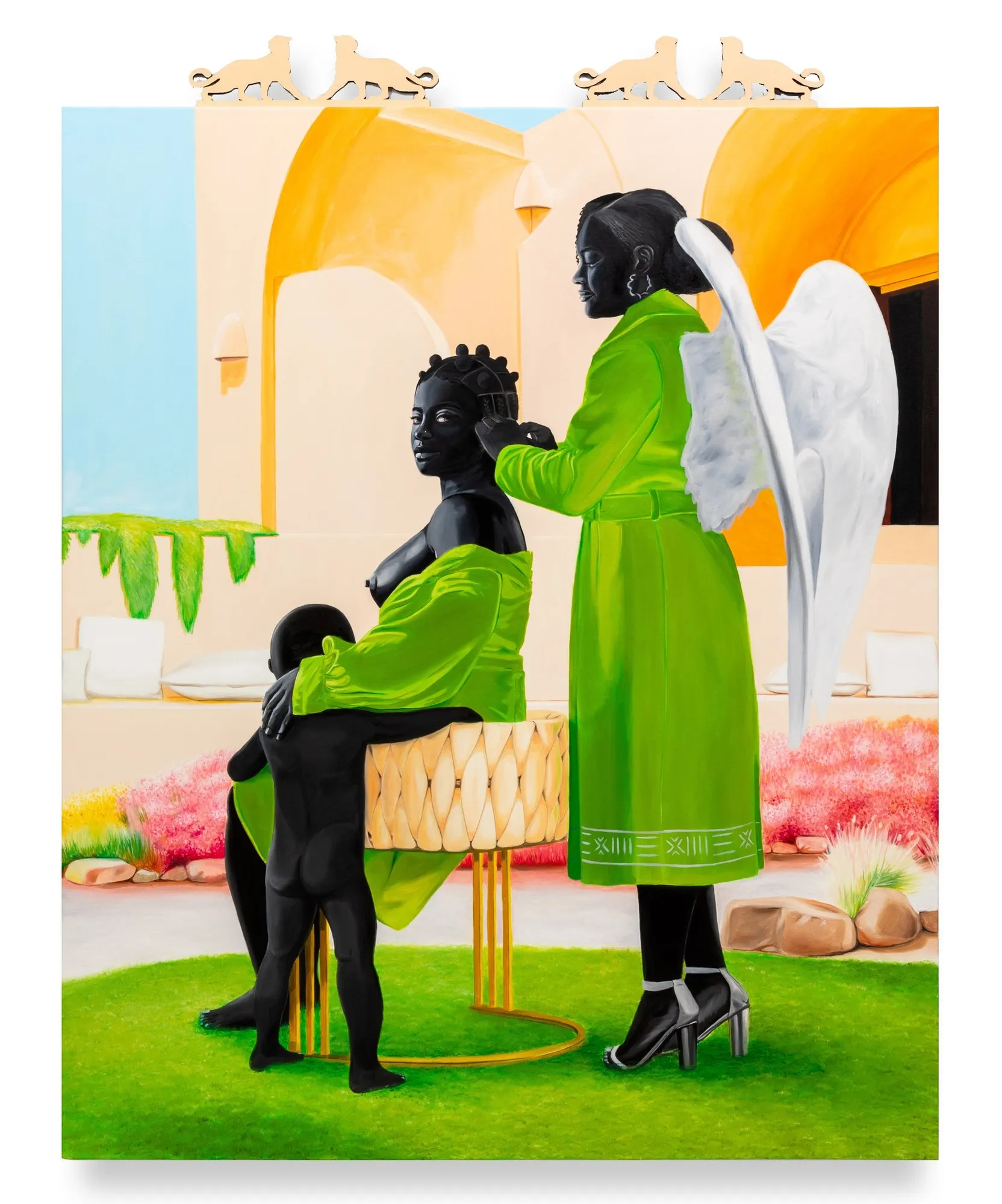 CONRAD EGYIR Milk, Honey and Refuge, 2024 Oil, acrylic, and mounted wood on canvas 77 x 60 inches 198.1 x 152.4 cm