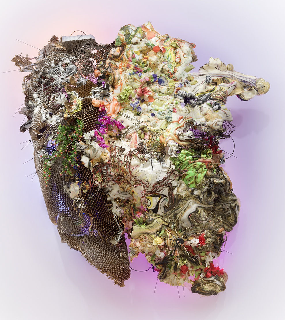 JUDY PFAFF Glazed and Confused: Rockin' Lobster Majolica, 2024 Hexcomb cardboard, pigmented expanded foam, steel, wire, faux flowers, umbrella frames 108 x 84 x 26 inches 274.3 x 213.4 x 66 cm (MMG#37364)