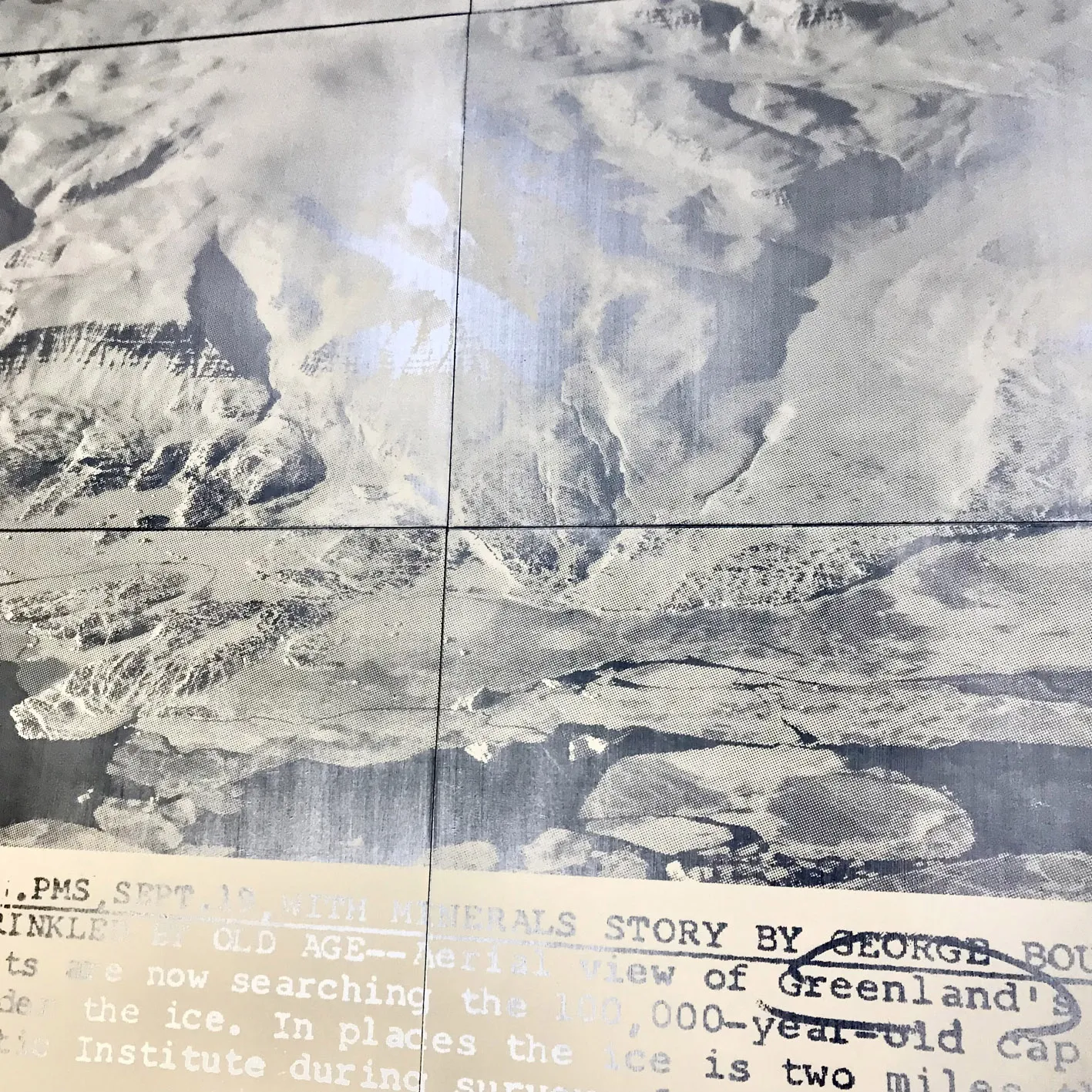 Detail from a silkscreen installation A Brief History of the Overseas Mountains, 2022