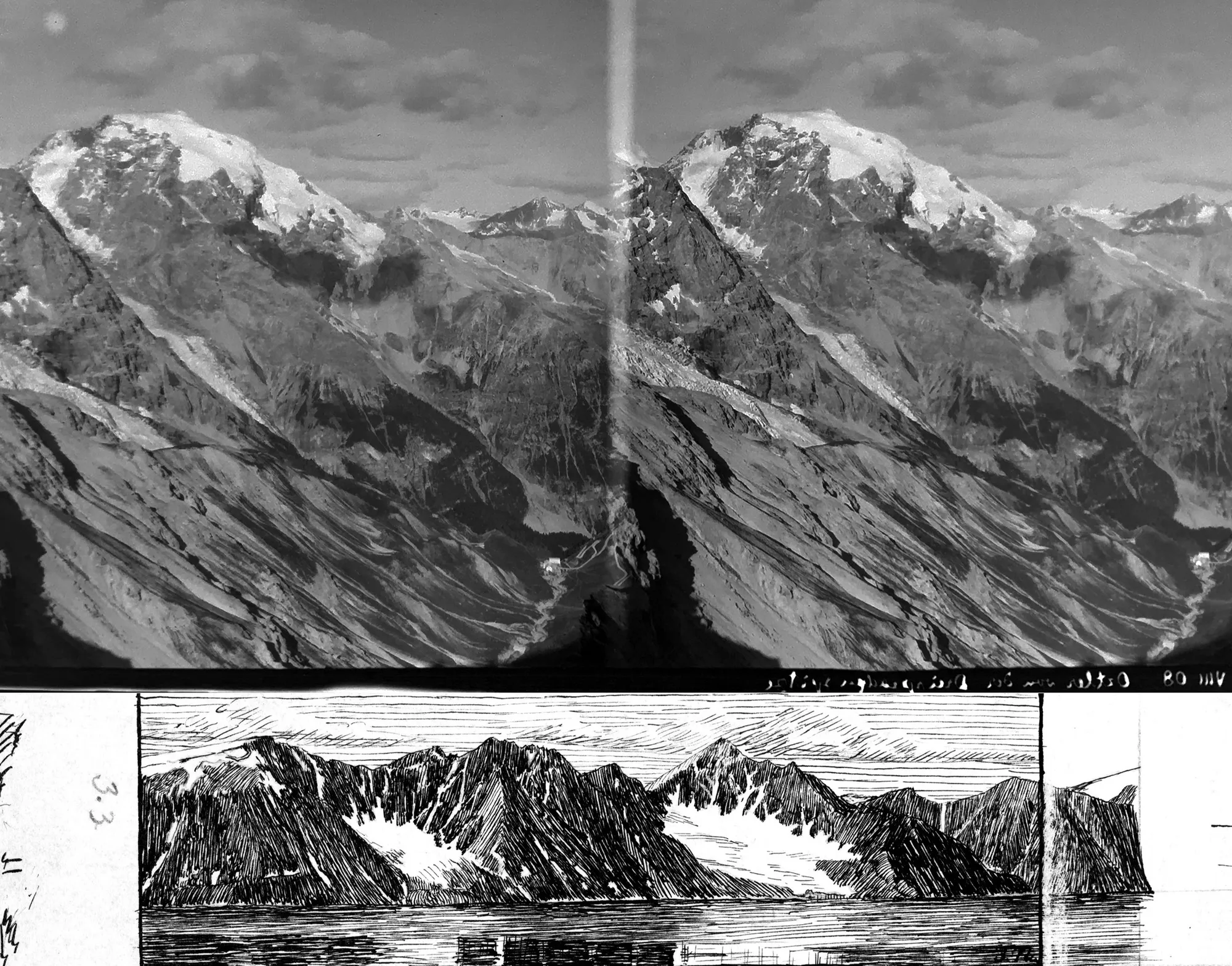 Images of a stereo negative and a drawing of mountain peaks
