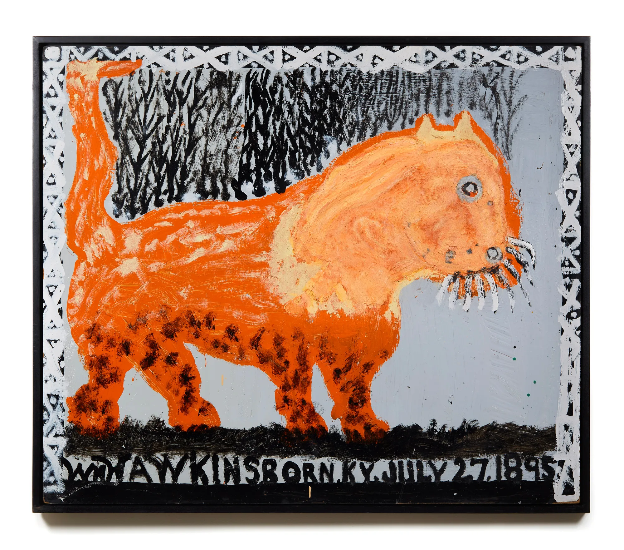 William Hawkins Big Cat, 1987 Enamel and mixed media on Masonite 49 x 56 1/2 in. (124.5 x 143.5 cm) (WH 497) SOLD This heroic feline is rendered in an appealing saffron orange. What piece of discarded printed matter inspired its creation? Is this a house cat or a jungle cat? Likely, it’s a hybrid of the two born from the artist’s active imagination. The animal’s mane is textural; it was not uncommon for Hawkins to add sand or other additives to give dimension to and, as he put it: “puff out” some of his subjects. For certain, regardless of the genus, Hawkins created a feline that cannot be ignored.