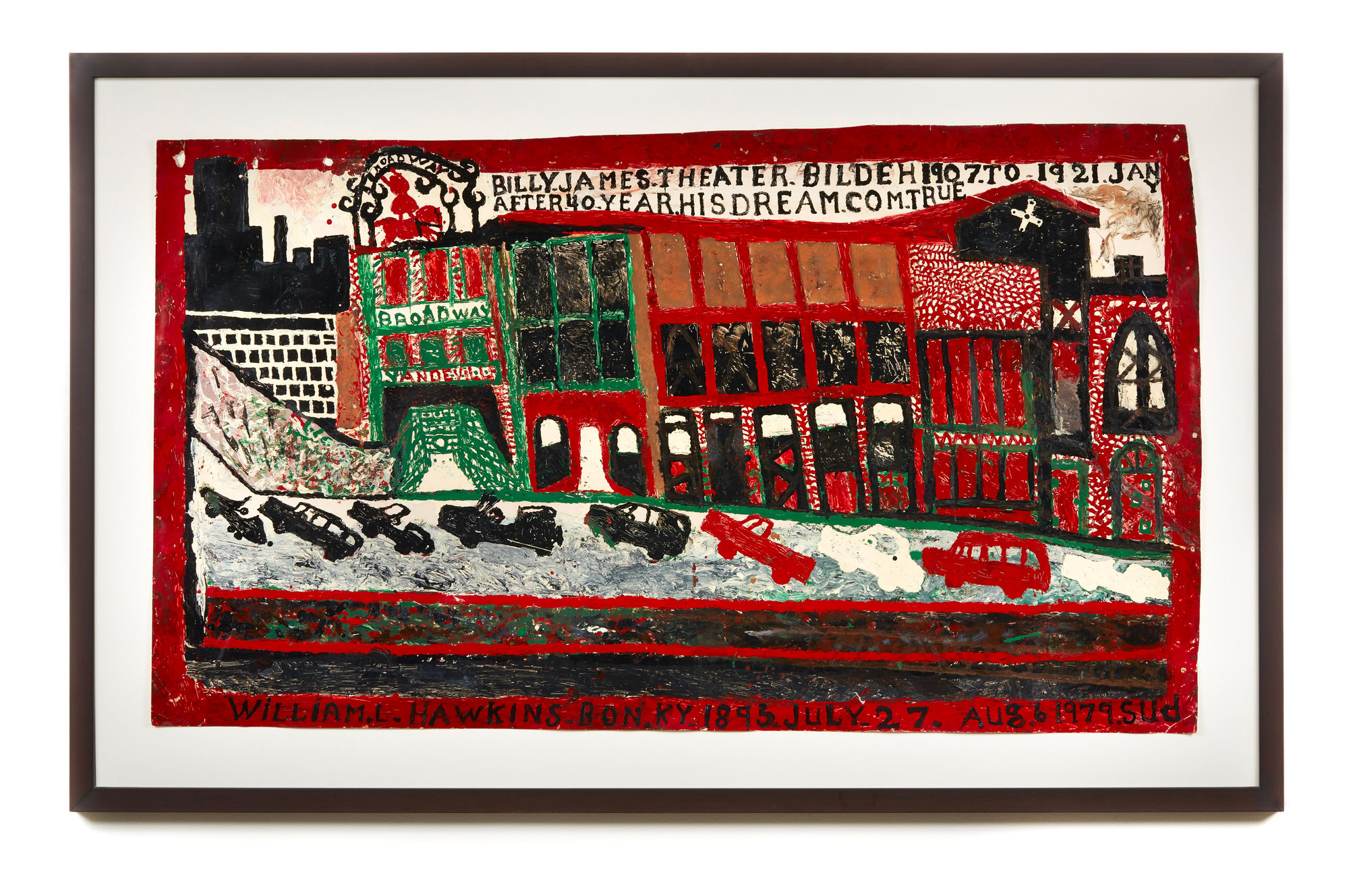 William Hawkins Billy James Theater, 1979 Enamel on construction paper 28 1/2 x 48 in. (72.4 x 121.9 cm) (WH 496) Click on the image to inquire This work, dated 1979, is among the first paintings that Hawkins ever created. There are few works by the artist on heavy paper, as in this early period of his career he was still figuring out his preferred surface. Architecture, be it buildings or cityscapes, was one of Hawkins&rsquo;s favorite subjects&mdash;the others were animals, and scenes of a historical or allegorical nature. In this work, the artist depicts the long defunct Broadway Theatre, a vaudeville and movie establishment in Columbus, Ohio, adjacent to the James Theatre. The latter being the &ldquo;dream com true&rdquo; (in Hawkins&rsquo;s words) for a William (&ldquo;Billy&rdquo;) M. James, who climbed his way up from traveling minstrel show manager to owning several theaters in Columbus. With only deep red and touches of black, white, and green, Hawkins immortalizes this bustling theater scene, complete with marquees and a dynamic row of cars.