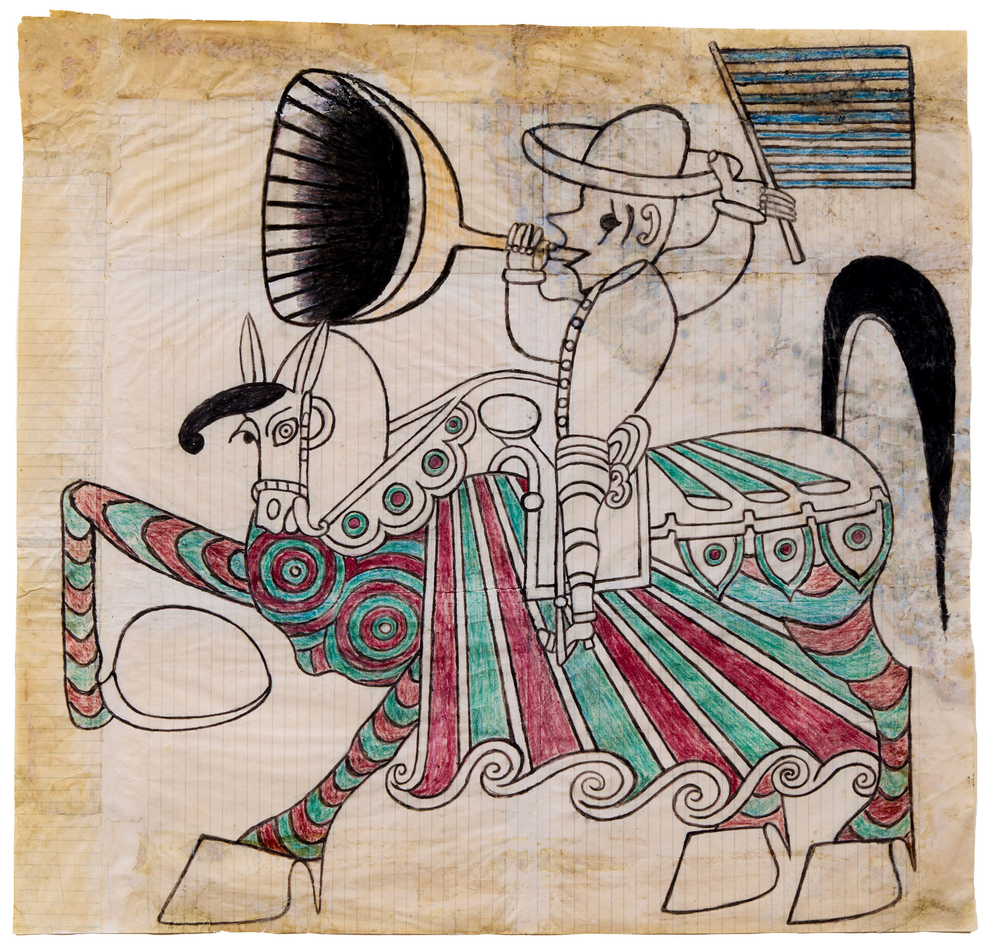 Untitled (Colorful Armored Horse with Rider), ca. 1960-63 Mixed media on paper 22.3 x 23.5 in. (56.6 x 59.7 cm) (MR 053) $ 60,000