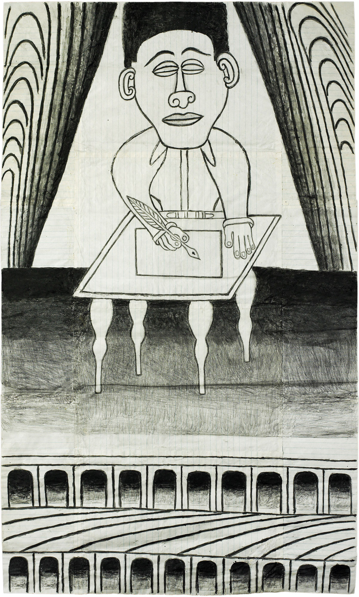 Untitled (Man at Desk), ca. 1960 - 63 Gouache and graphite on pieced paper 32 x 18.5 in. (81.3 x 47.0 cm) (MR 075) $ 95,000