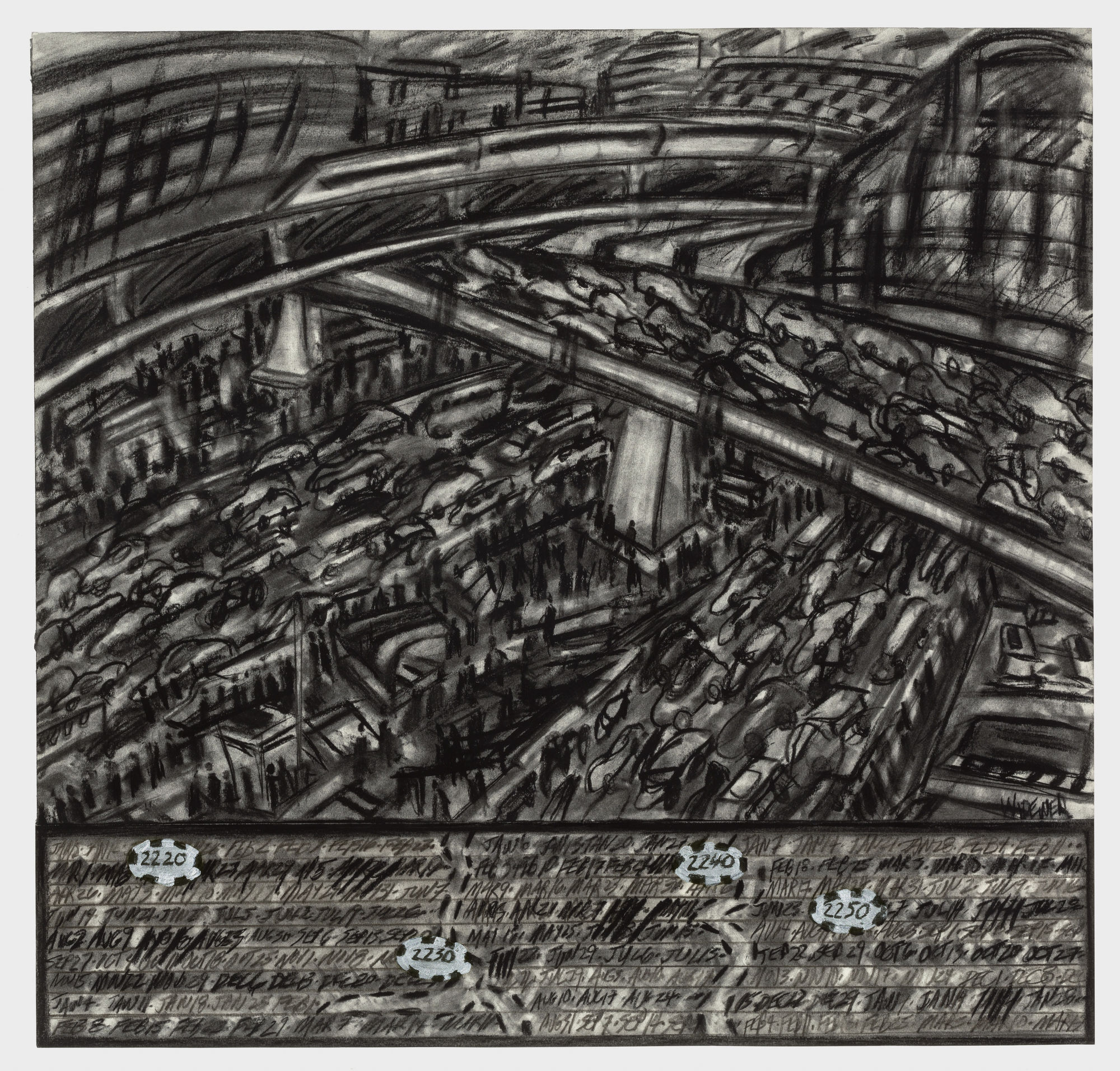 Dark, busy cityscape of two lanes and an overpass of bumper to bumper cars.