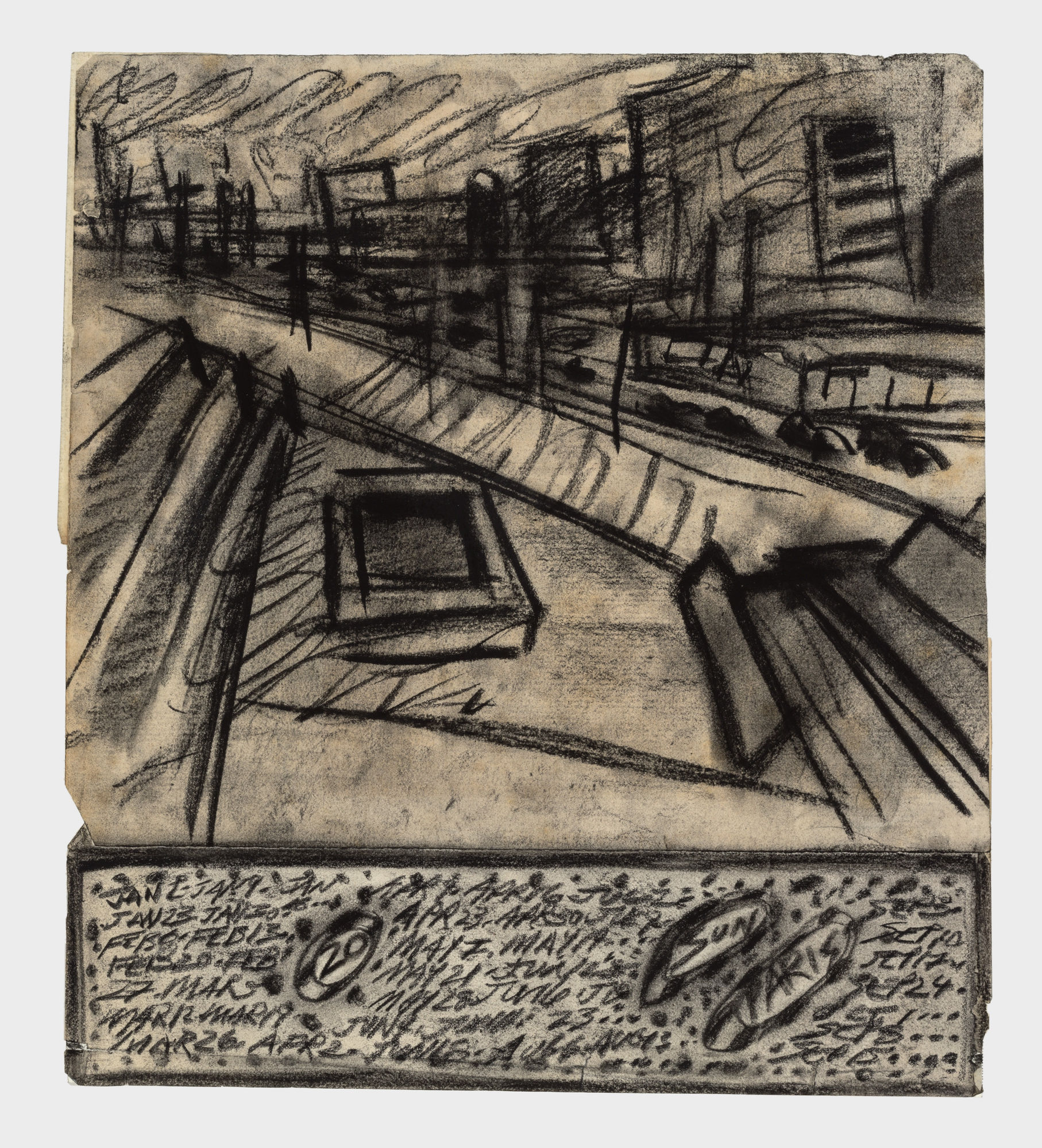 Black and white cityscape of rooftops and a street with cars.