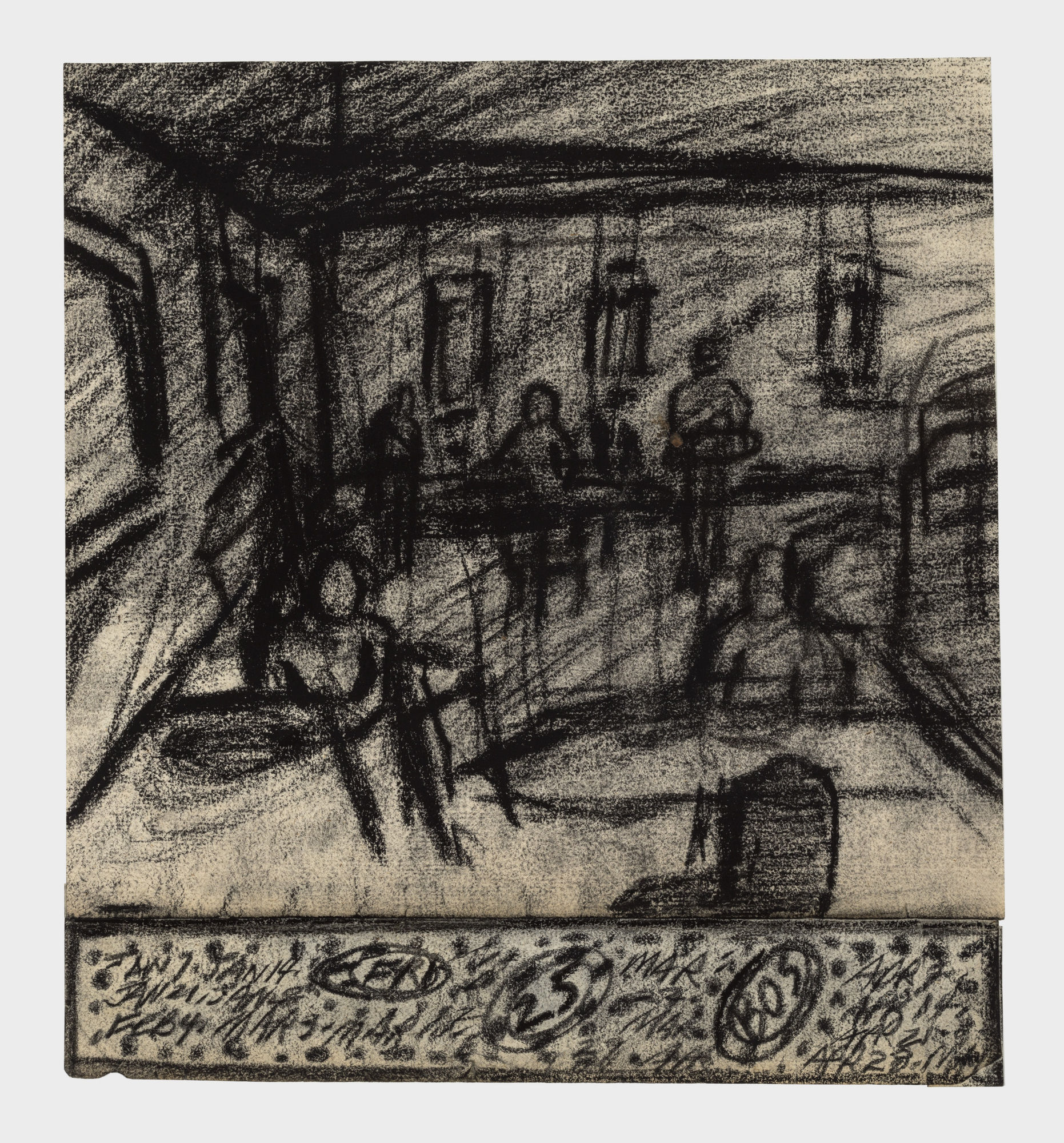 Black and white scene of a restaurant with people sitting at tables.