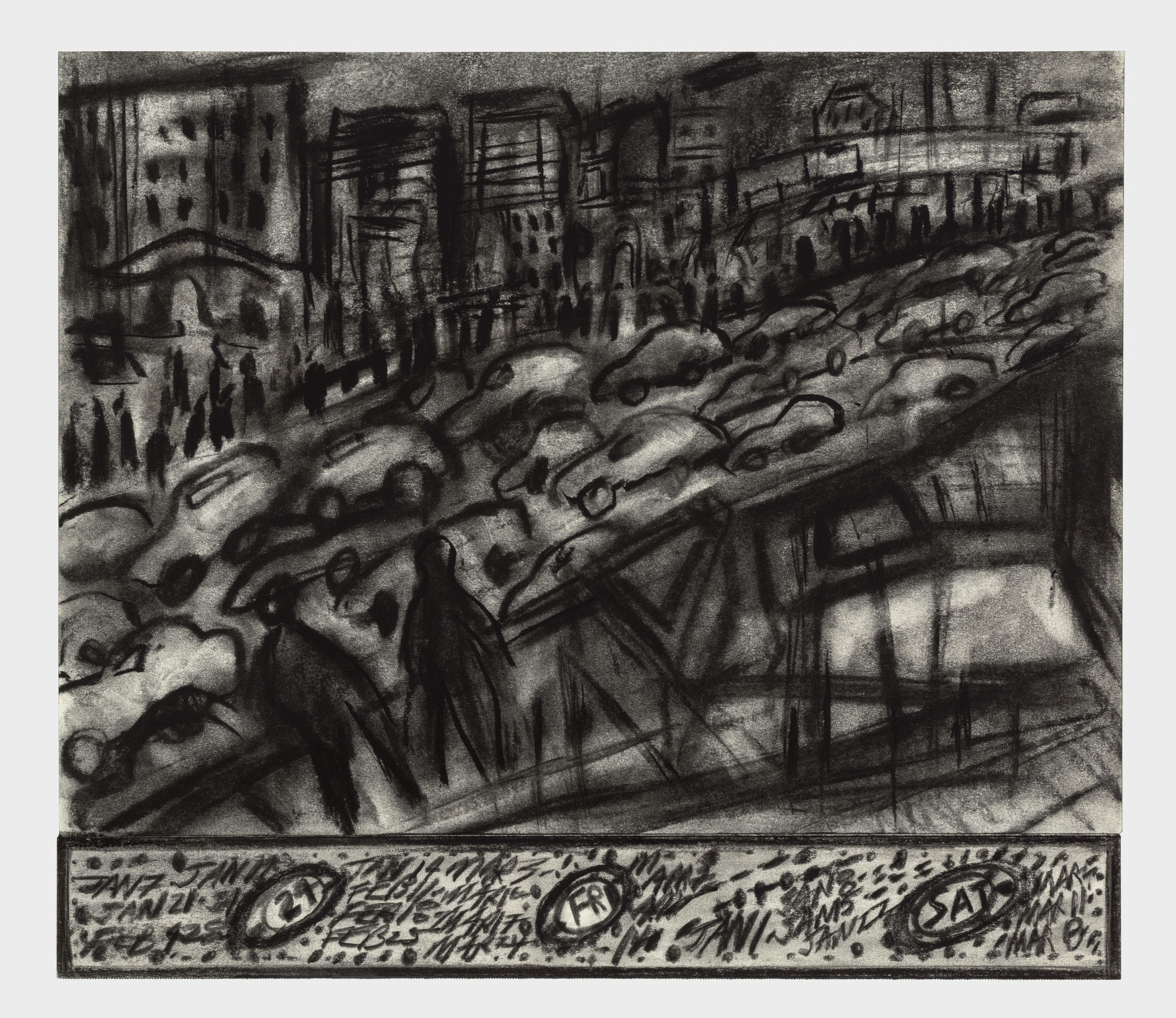 Black and white cityscape of bumper to bumper cards on a freeway with buildings in the background.