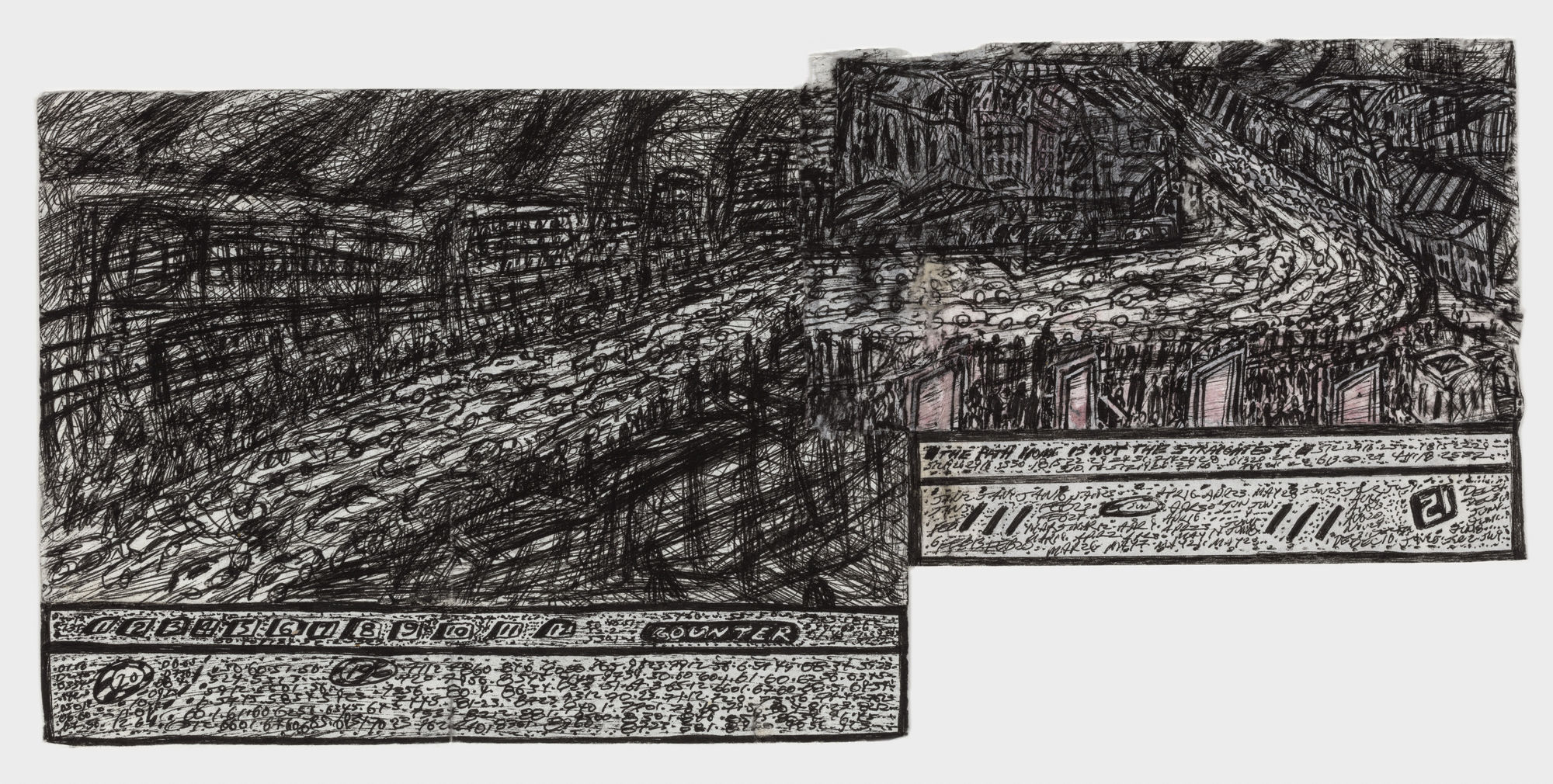 Untitled (Cityscape), 2020 Ink and charcoal on paper 8 x 18 1/2 in. (20.3 x 47 cm.) (GW 228)
