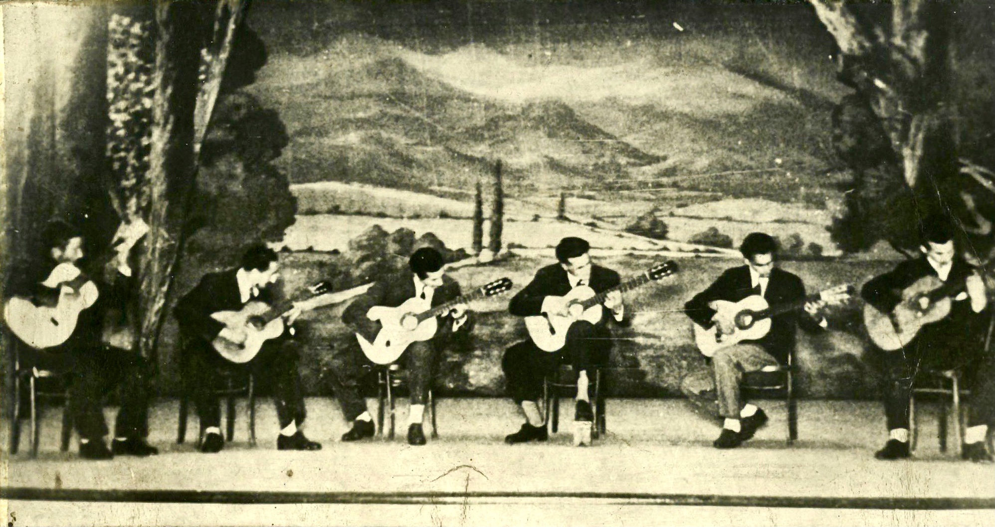 Domingo Guccione (third from right to left) playing in a concert at the Cine Teatro Par&iacute;s in Necochea, Argentina, ca. 1950 / Photograph courtesy of the artist's estate.