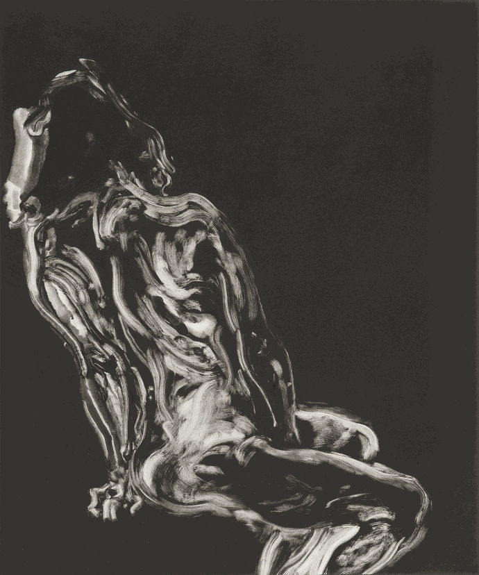 Maggi Hambling, Jemma: leaning to the left, seated, 1992. Monotype on paper. Courtesy of Jerwood Collection &copy; Maggi Hambling. All Rights Reserved 2025/Bridgeman Images