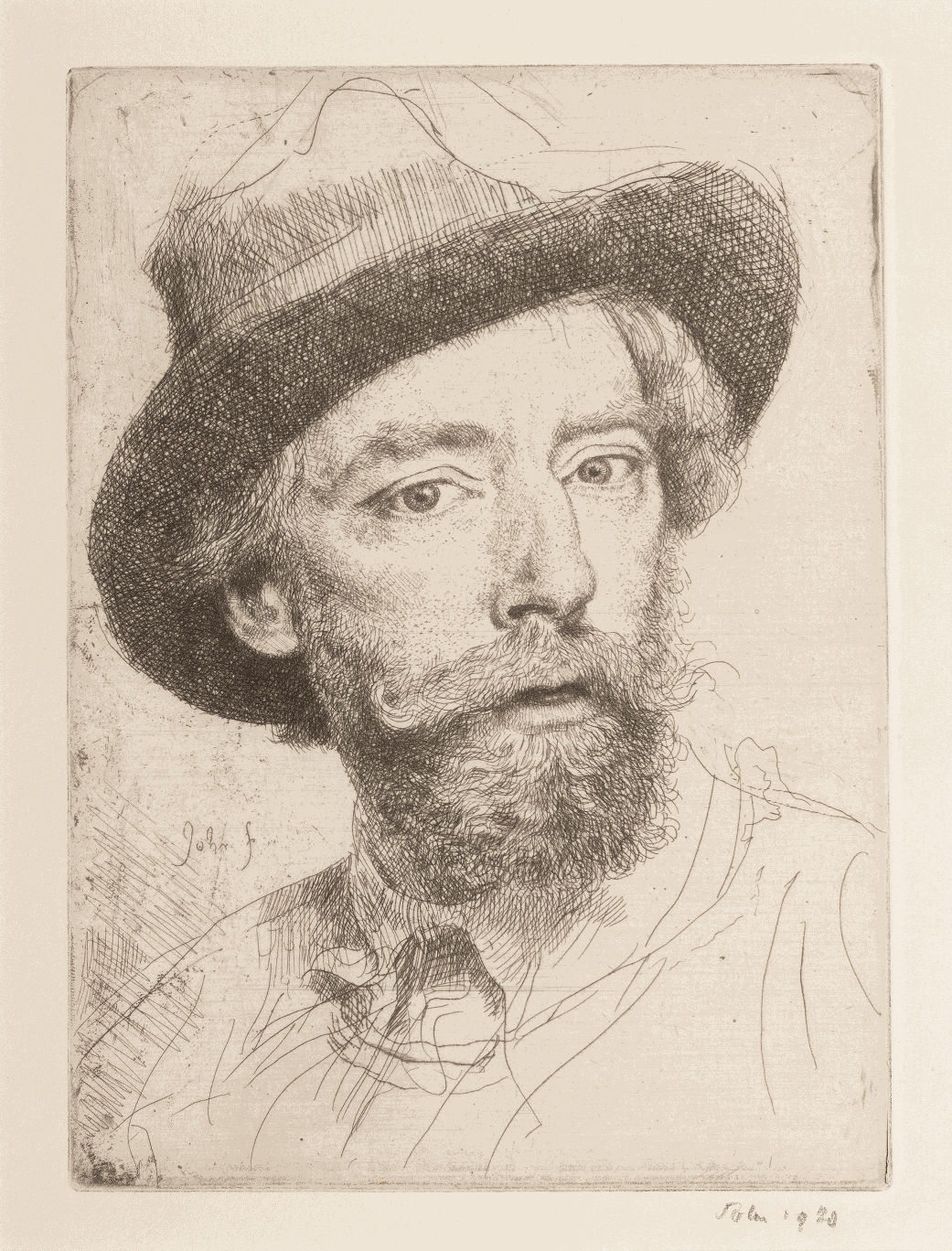 Augustus John RA, Self Portrait, 1920. Etching and drypoint. Courtesy of Jerwood Collection &copy; Augustus John. All Rights Reserved 2025/Bridgeman Images