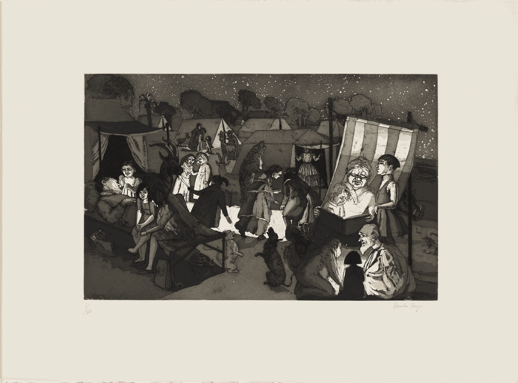 Paula Rego DBE RA, The Encampment, 1989. Etching and aquatint. Courtesy of Jerwood Collection &copy; Courtesy Paula Rego and Cristea Roberts Gallery, London. Paula Rego