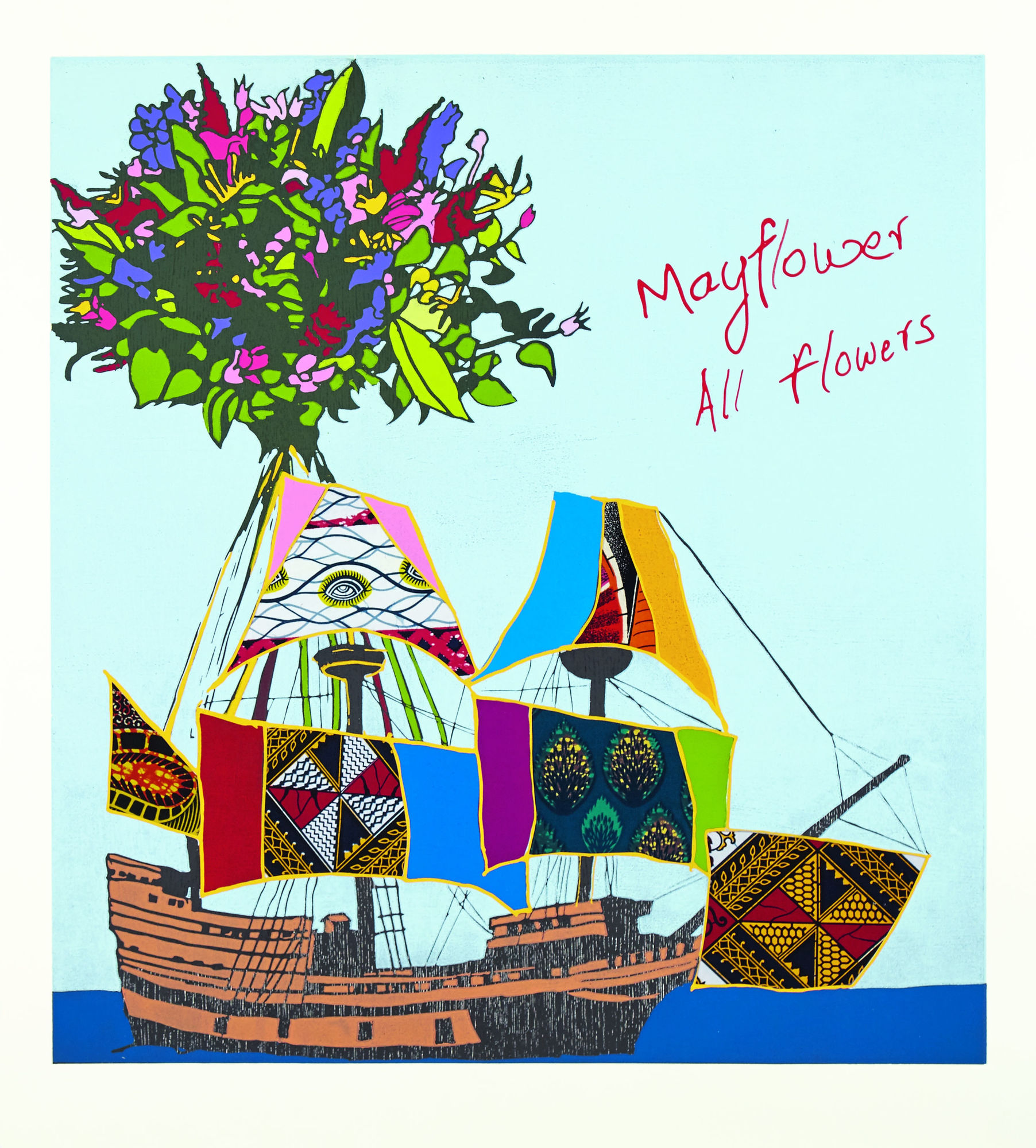 Yinka Shonibare CBE, RA, Mayflower, All Flowers, 2020. Relief print with woodblock and fabric collage. Courtesy of Jerwood Collection &copy; Courtesy Yinka Shonibare CBE and Cristea Roberts Gallery, London