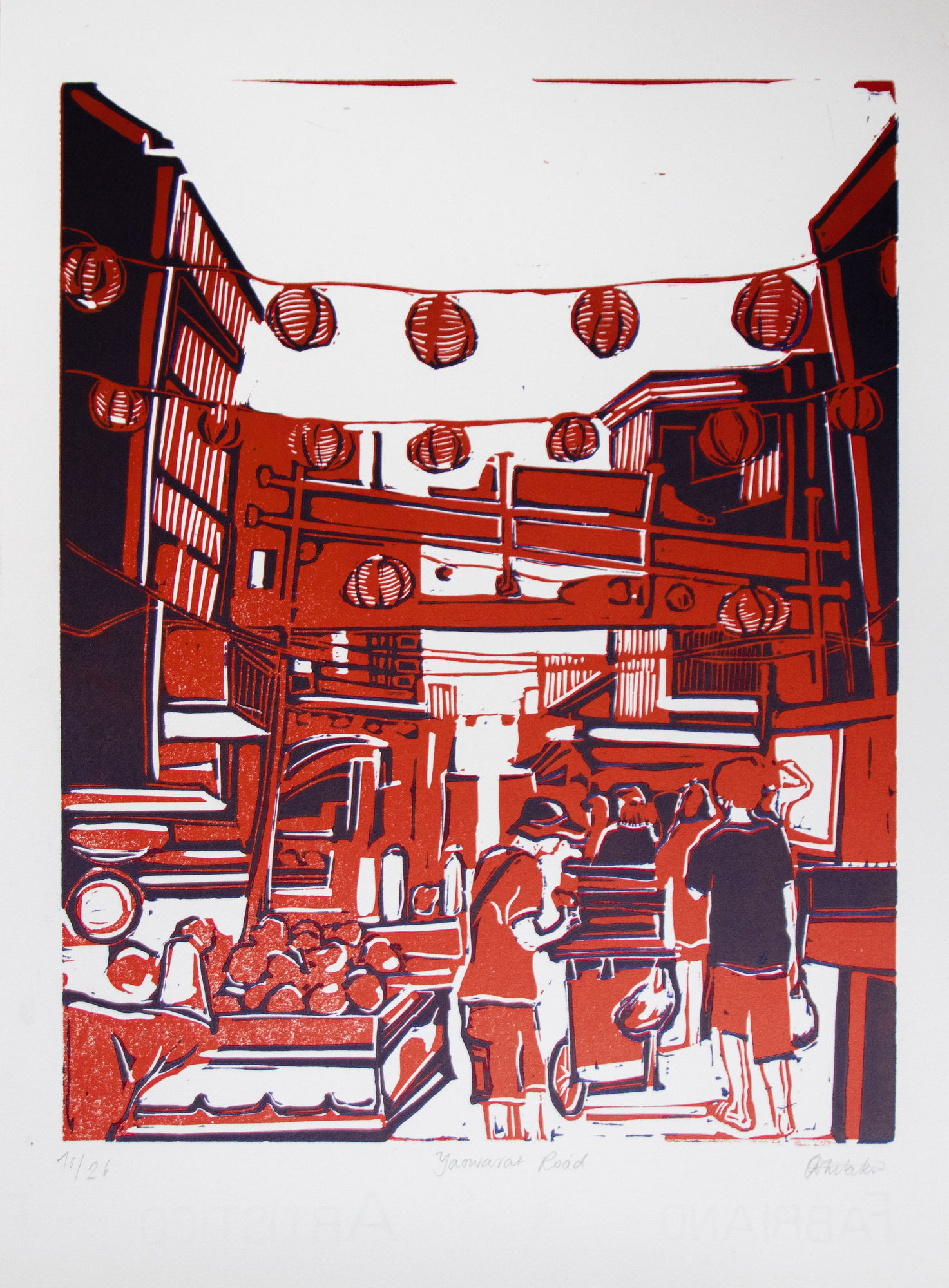 Caitlin Whitaker, Yaowarat Road, reduction linocut, 2025.