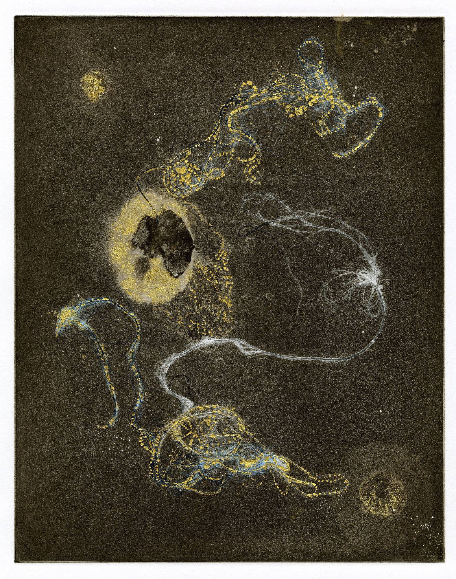 Modern Alchemy 10, 2023 Etching, aquatint with monoprint and gold leaf Edition of 1 Paper size: 56 x 37cms Image size: 31 x 24.5cms £... framed £... unframed