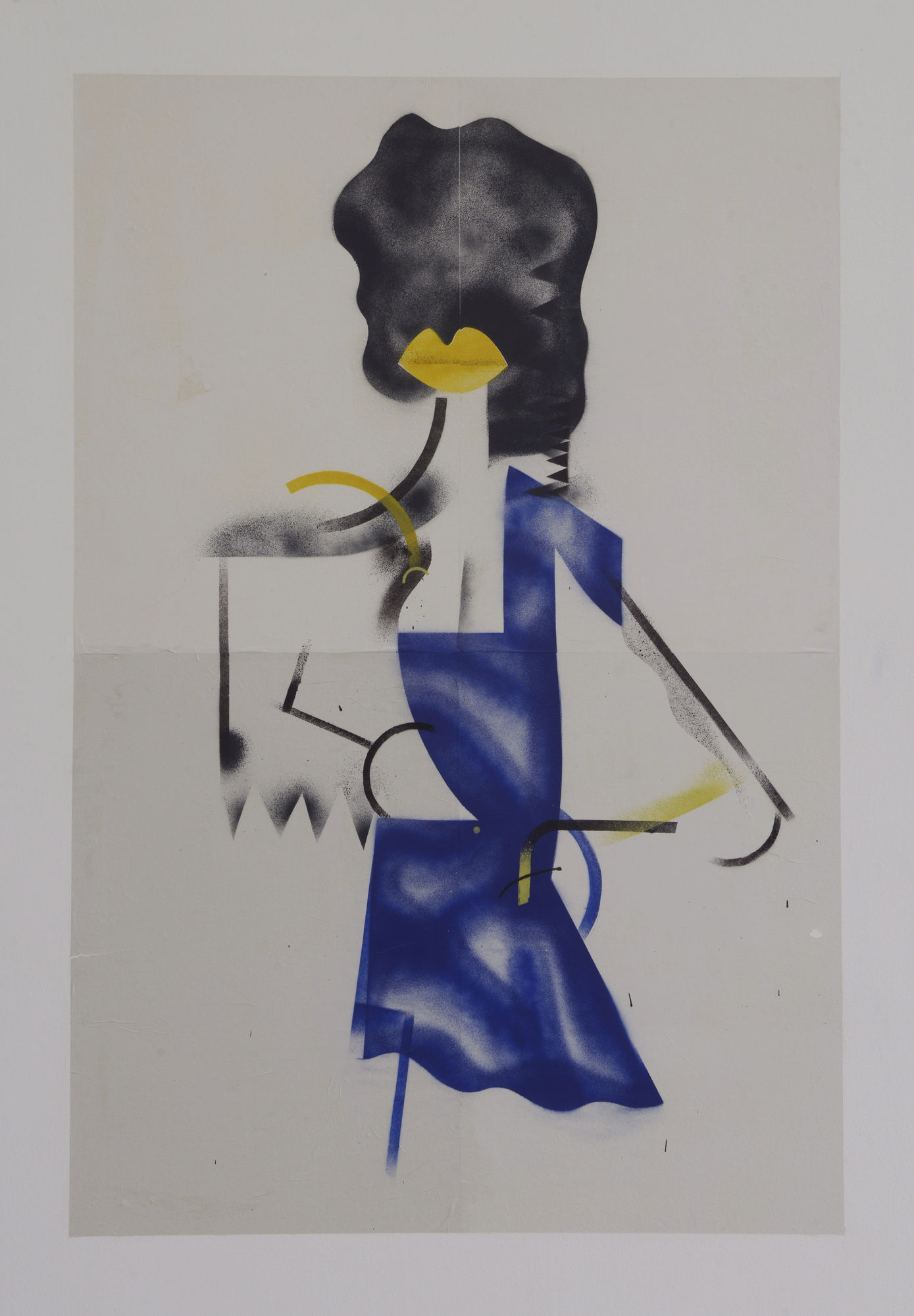 Big Yellow Lips Newsprint, 2023, Spraypaint on Newsprint Pasted to Wall