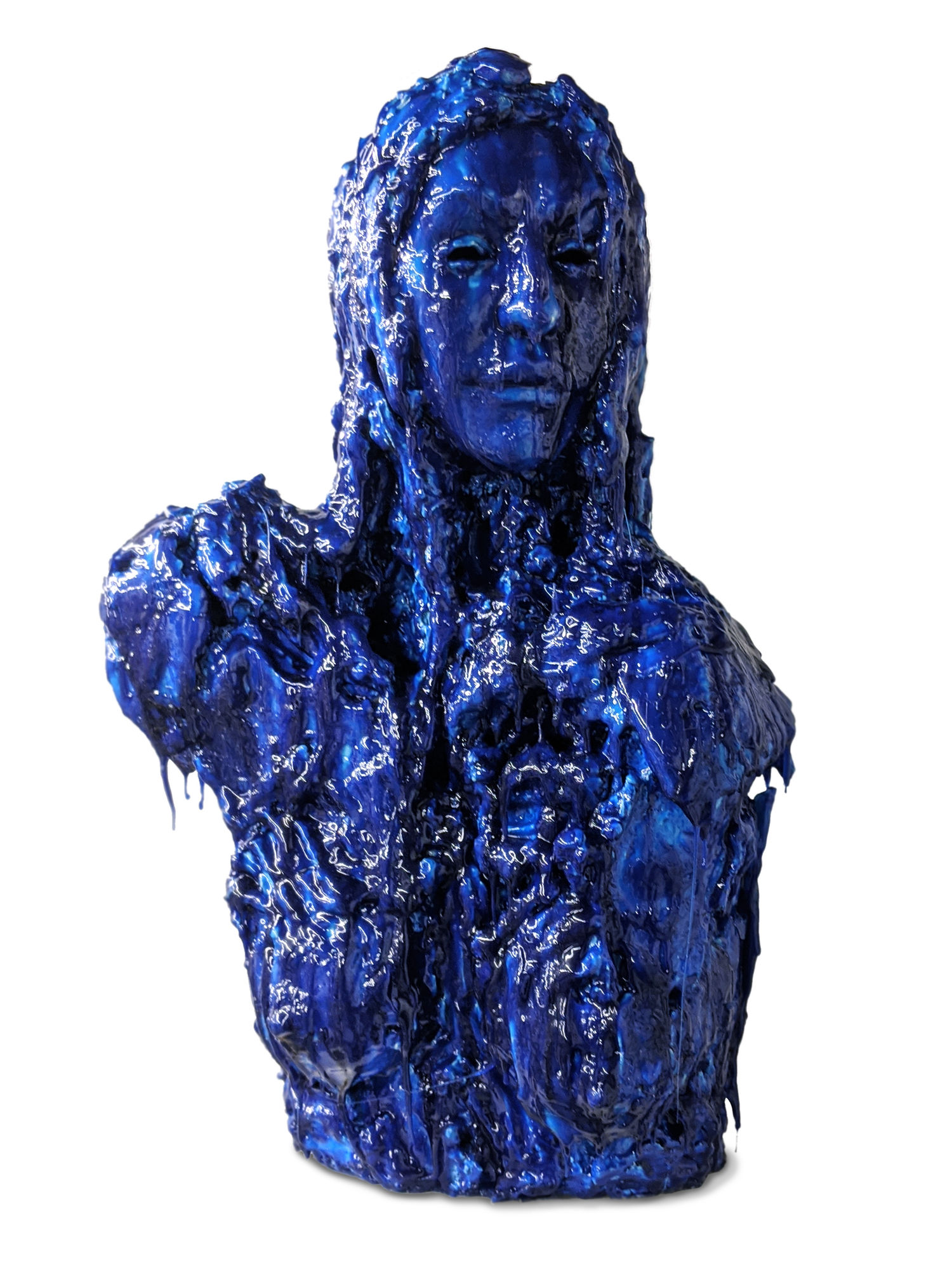 Eleanor Arbor blue sculpture of a woman using resin and paint on plaster.