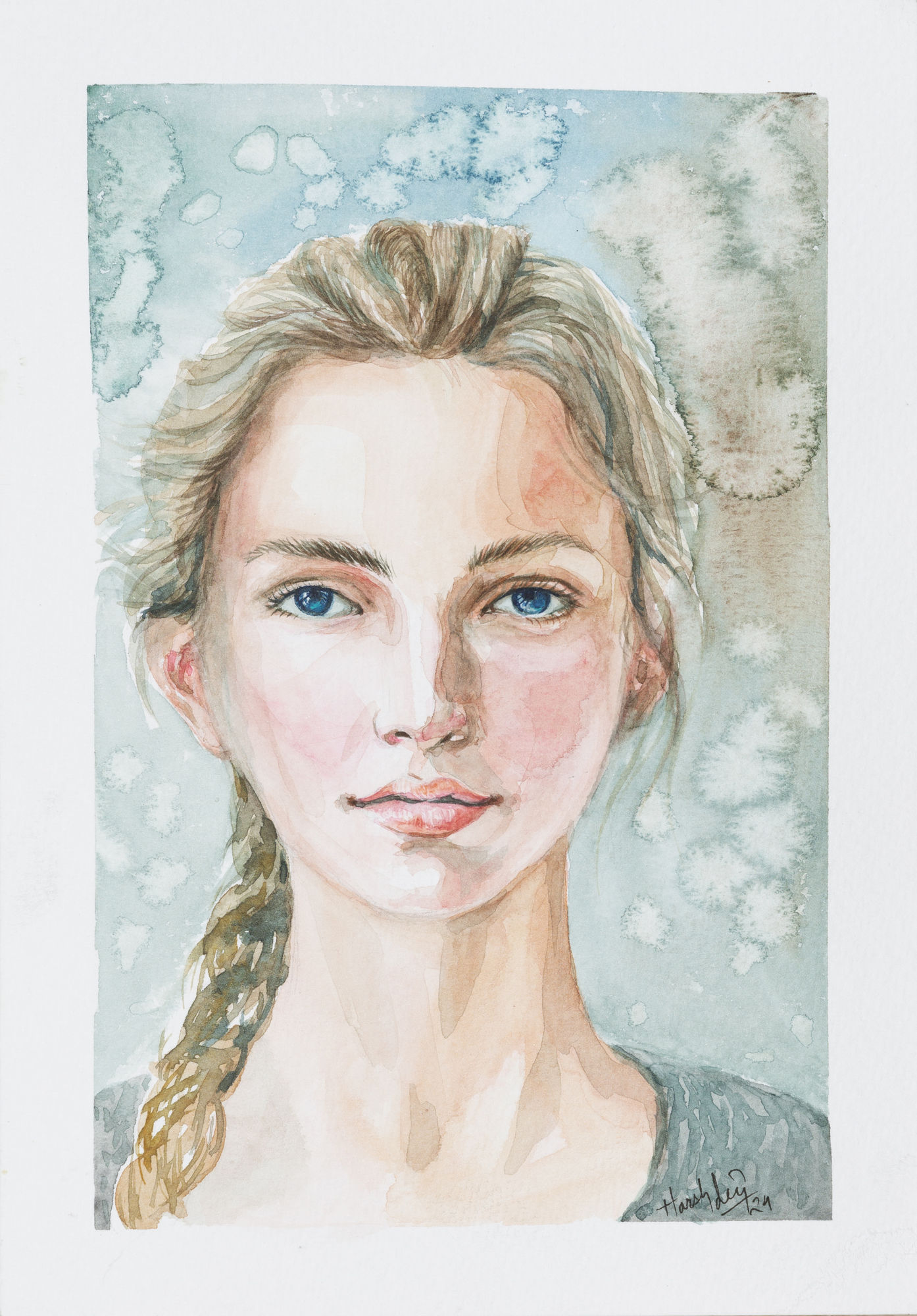 Harshdeep Kaur Serene Gaze Watercolour on paper 8.5 x 6 inches 2024