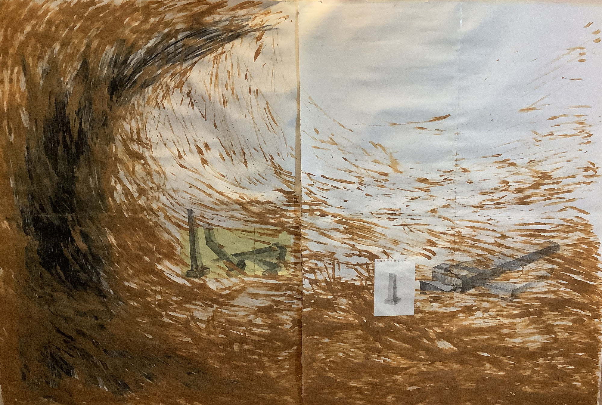 Fallen Pillars: Future Ruins 88 x 60 Inches Clay, charcoal and pencil on paper 2024