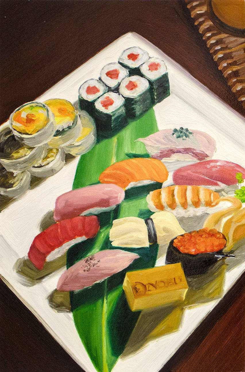 Evie O'Connor, Power Dining, 2022, Oil on panel, 30.5 x 20.3 cm