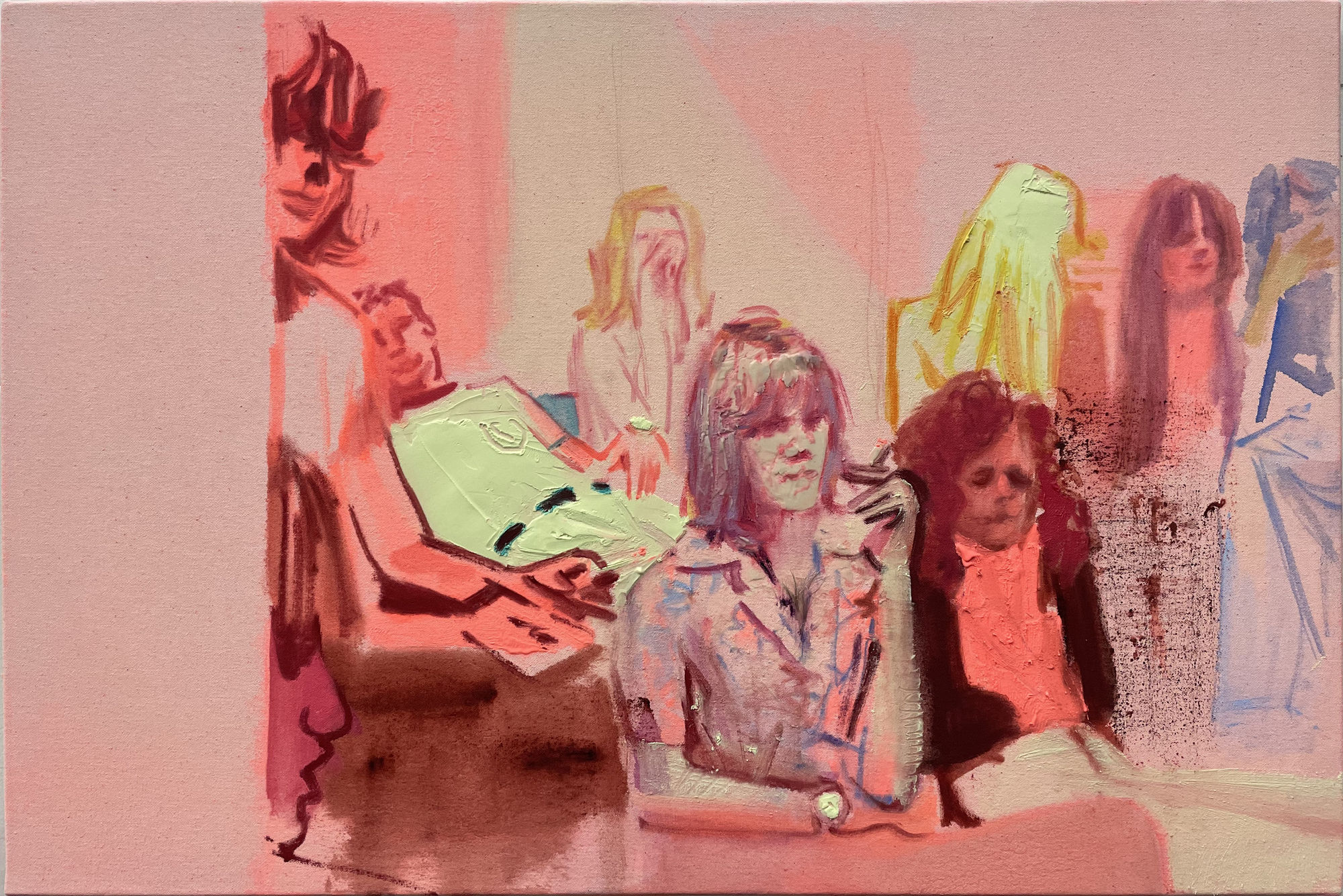 Nina Childress Patrick et ses amis suisses, 2021 Phosphorescent pigments, hair, and oil paint on canvas 21 1/4h x 31w in 54h x 81w cm