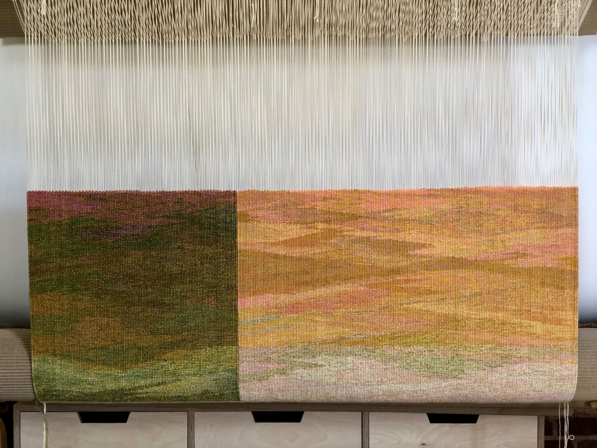 On the loom and in progress, two resplendent new Colourfield tapestries by Katharine Swailes being woven in time for Artefact.