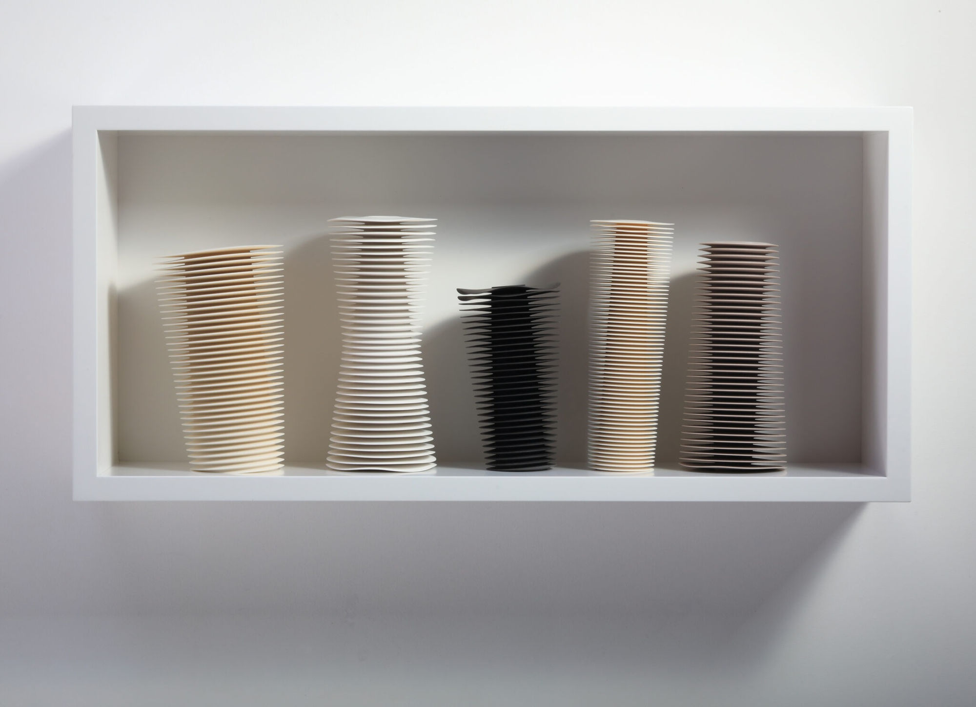 Nicholas Lees – Littoral 3 – Five Piece Framed Installation H 40 x W 85 x D 20cm Parian, grey Parian, bone china, black porcelain, painted fibreboard, 2020