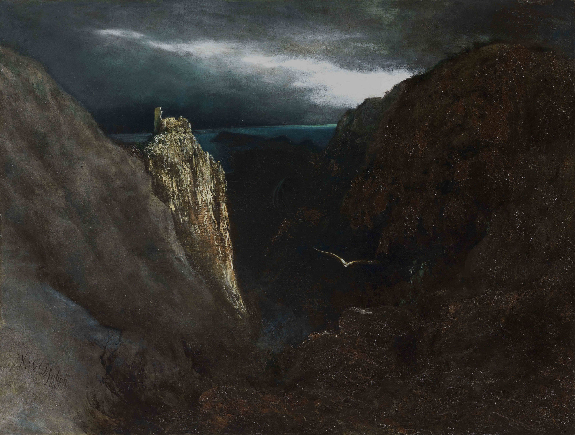 Diefenbach, Seagull flying over the remains of Villa Jovis in the moonlight