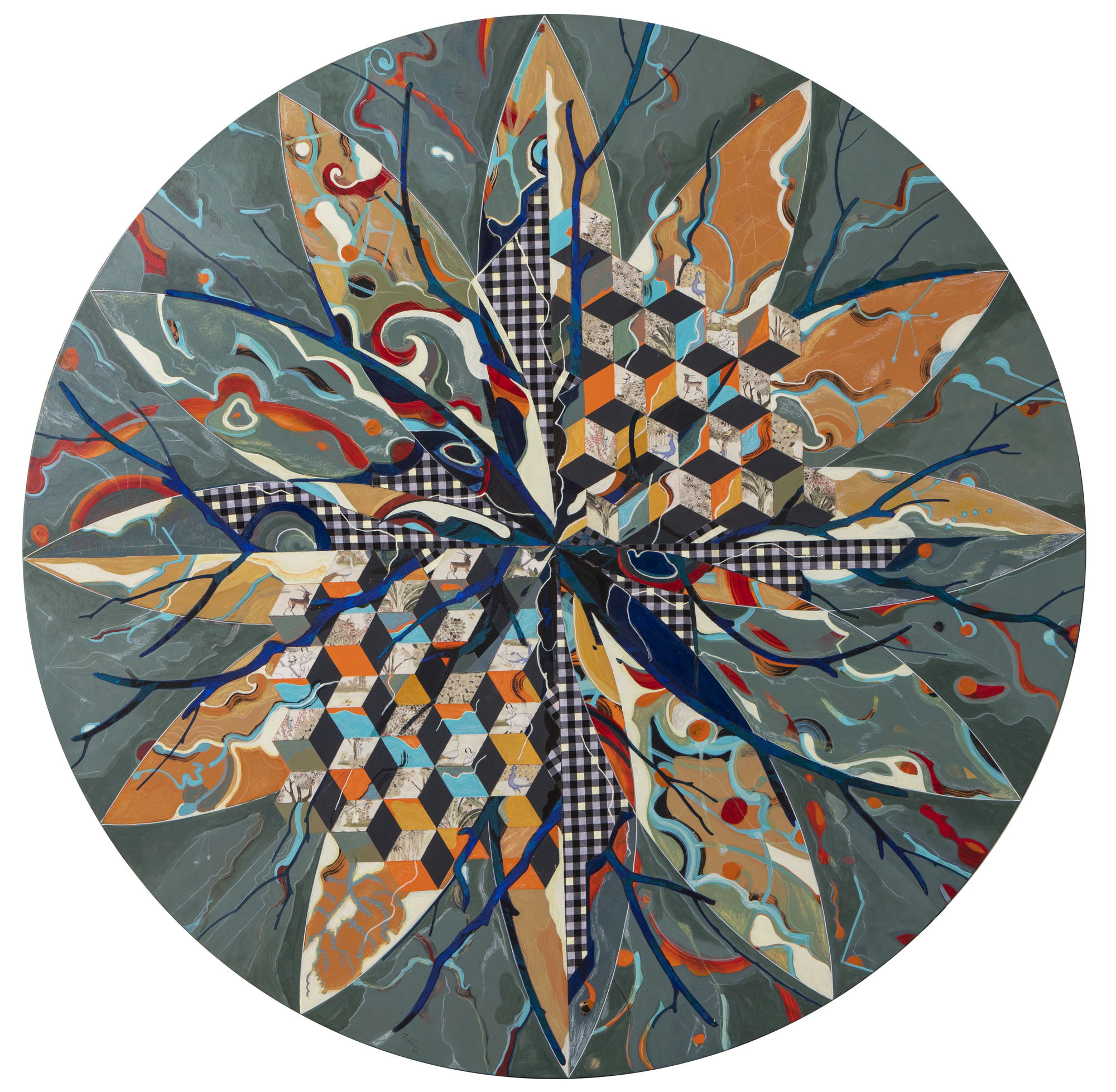 Jagannath Panda Mandala of Resonances, 2022 Acrylic, fabric and glue on canvas 60 in diameter