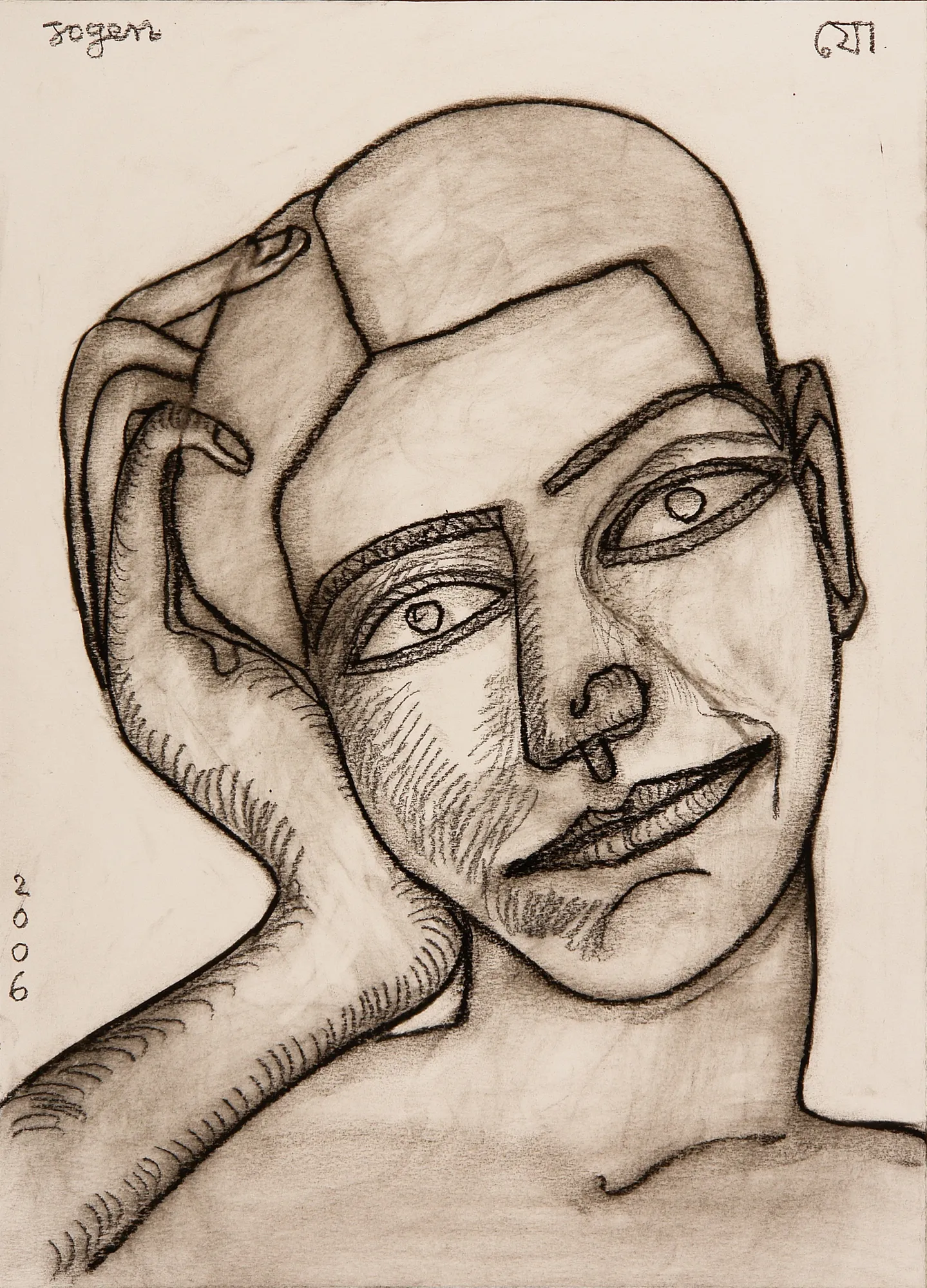 Jogen Chowdhury Face - A, 2006 Dry pastel black on paper 13.5 x 10 in