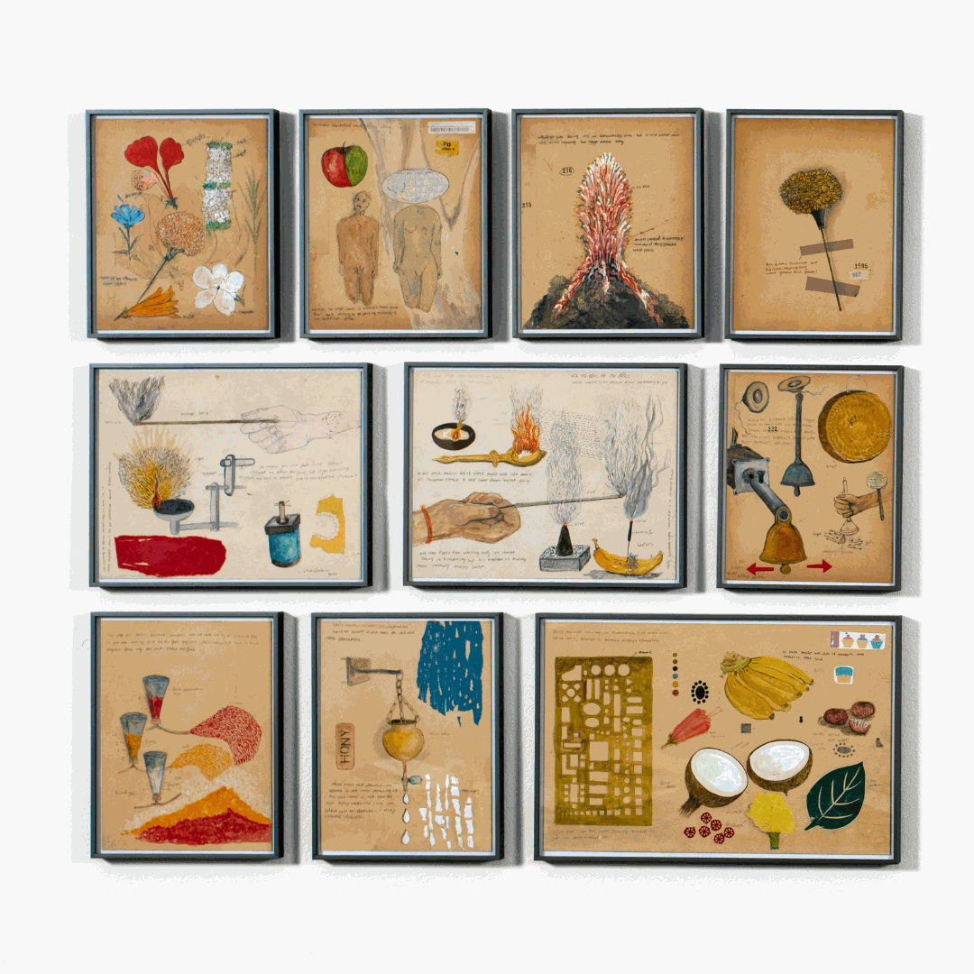 Shailesh B.R. Prayer Machine, 2019 - 2022 Ink, watercolour, poster colour, gum tape sticker, gift wrap, collage on old paper 30.5 x 91 in