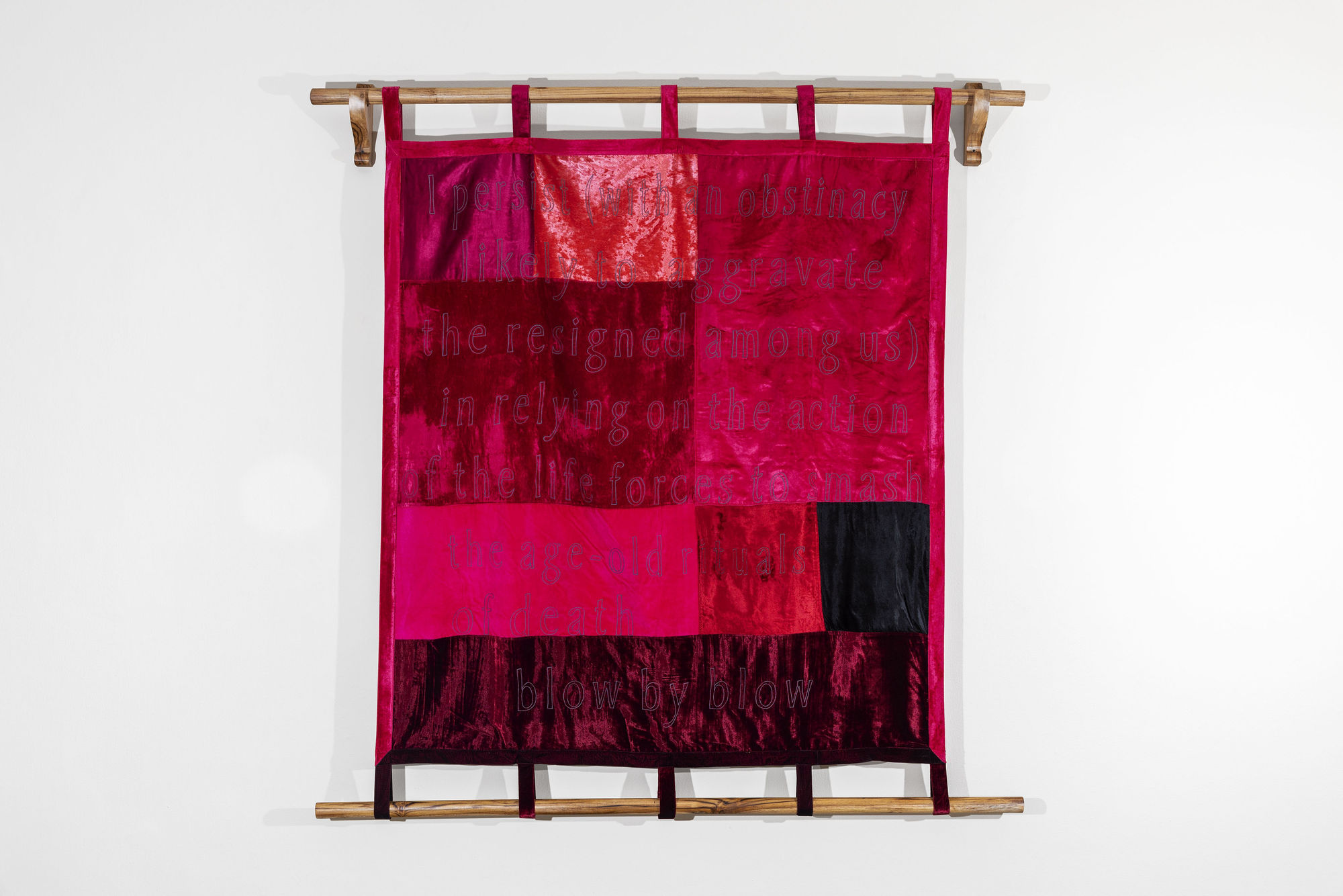 Anita Dube After Bell Hooks Velvet, cloth, thread, embroidery, wood