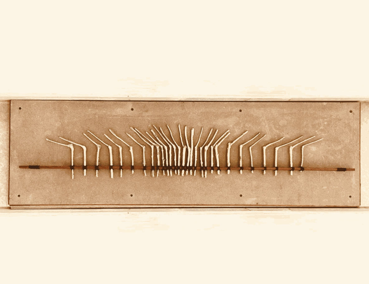 Teja Gavankar House II, 2025 Tin cast arranged in teak wood sticks with threads 60 x 38 x 1 in