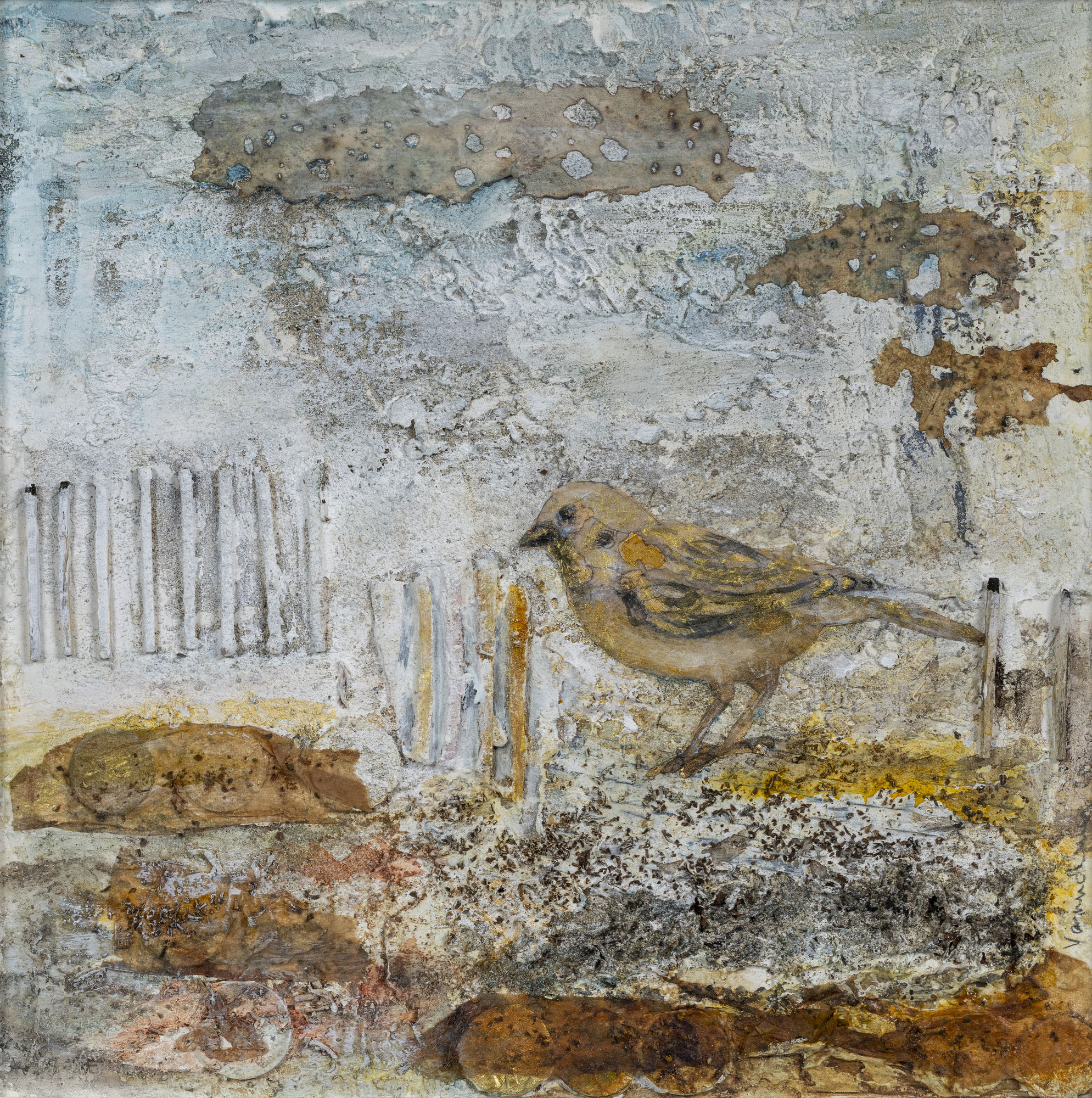 The Golden Bird, 2021 Mixed media on mount board 10 x 10 in