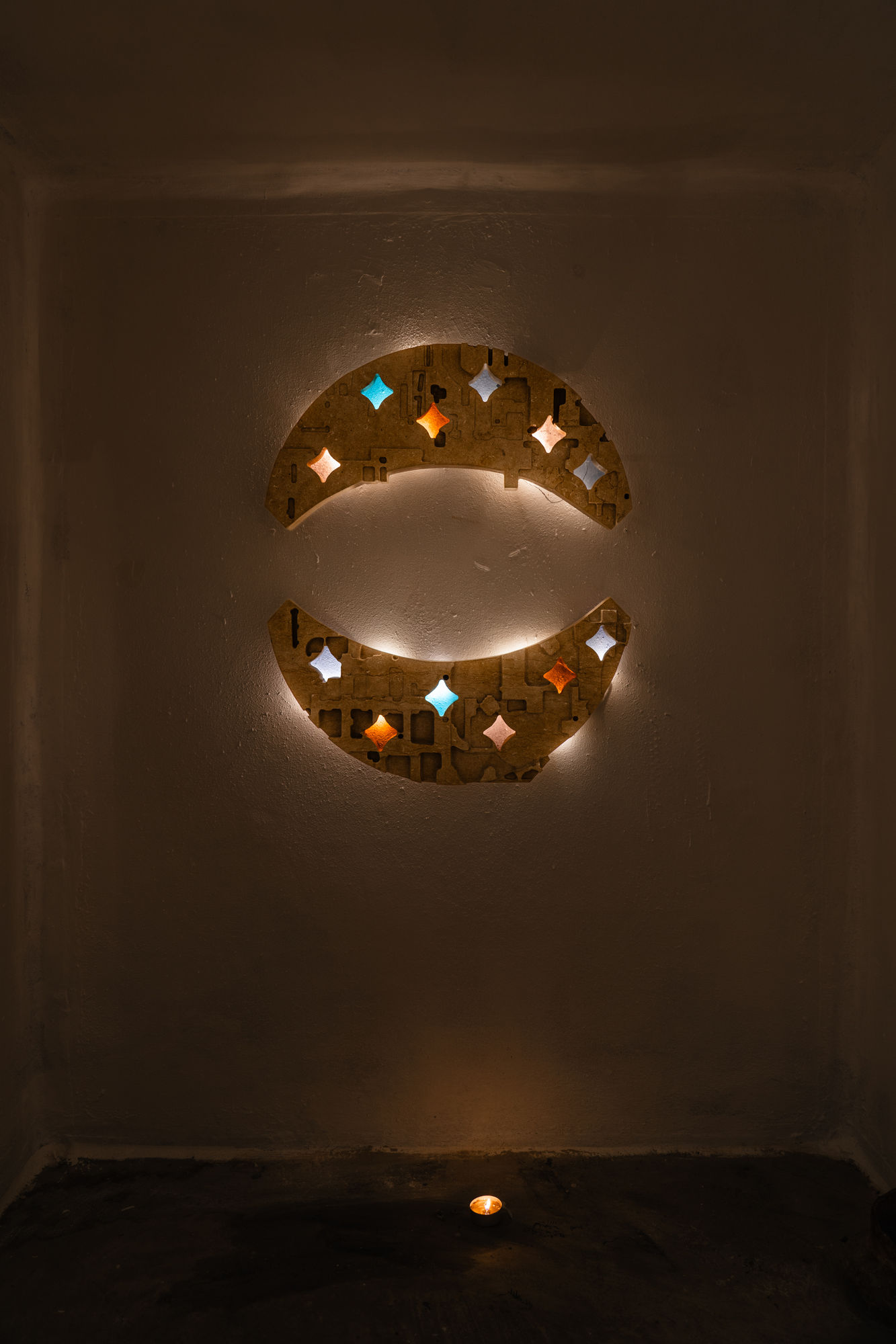 Maintaining the Sacred III: Intergenerational Martyria 2, 2025, Taffouh Limestone and coloured glass, 65 x 65 x 7 cm.