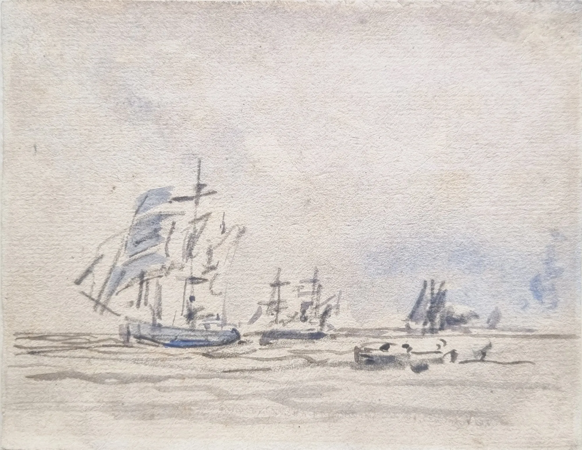Eugène BOUDIN Marine. Voilier Mine de plomb, lavis et aquarelle sur papier / Graphite, wash and watercolour on paper 9 x 12 cm