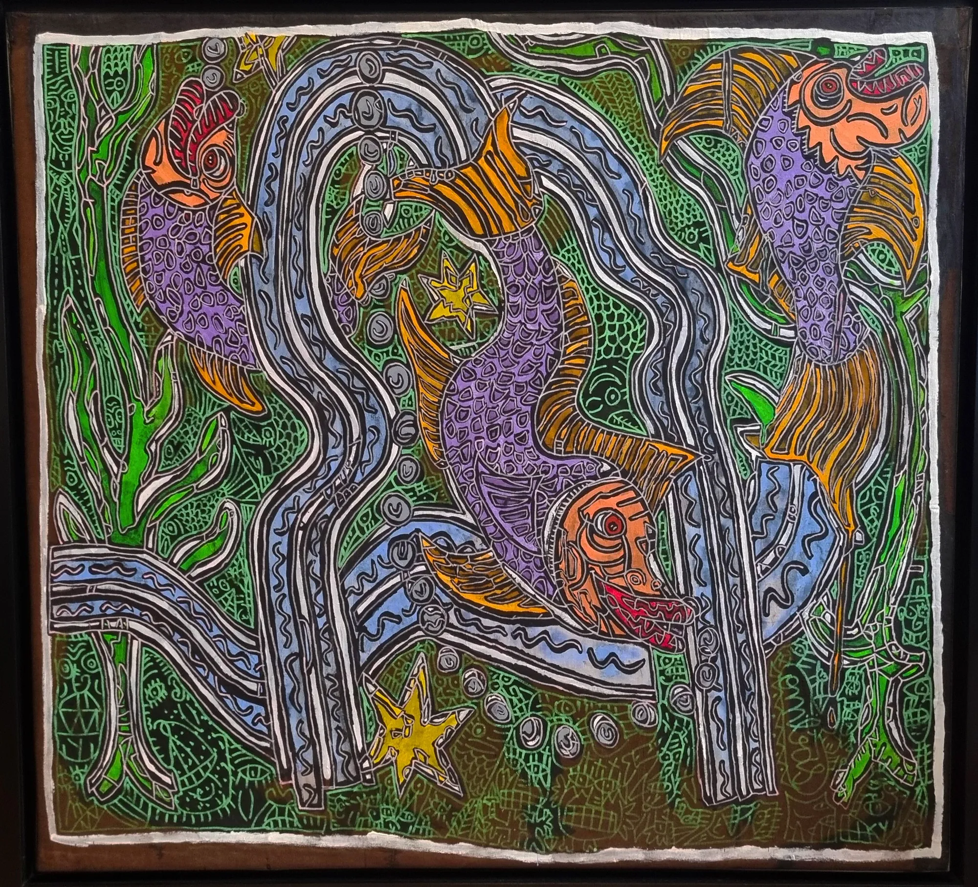 Robert COMBAS Les poissons en fête font les cons sans queue ni tête, 1989 Acrylique et tissu sur toile / Acrylic and fabric on canvas 120 x 130 cm Œuvre signée en bas à droite à la verticale