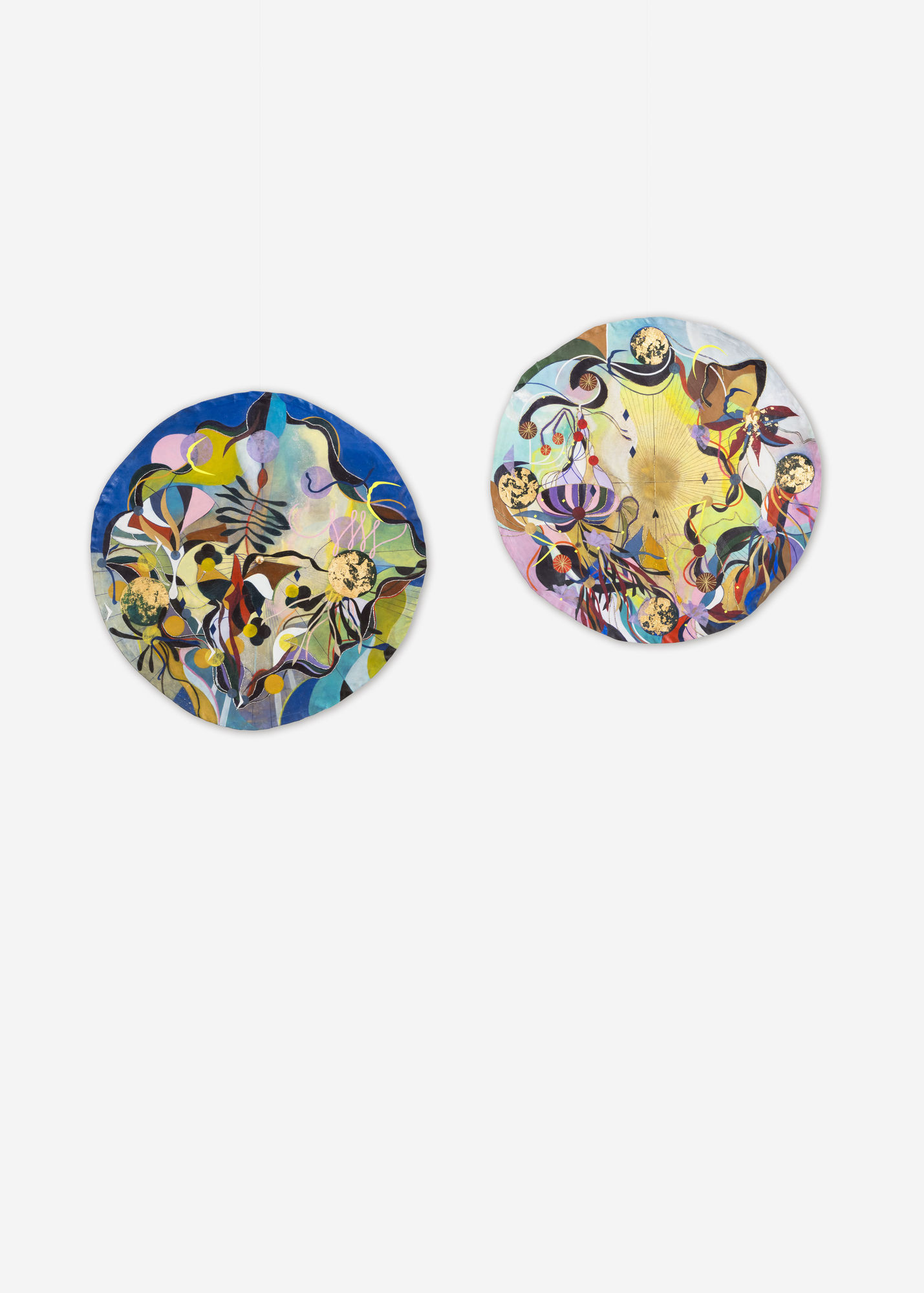Installation view of Tiffanie Delune, Cartography of the Heart IV & V, 2025 – circular mixed-media paintings with gold leaf