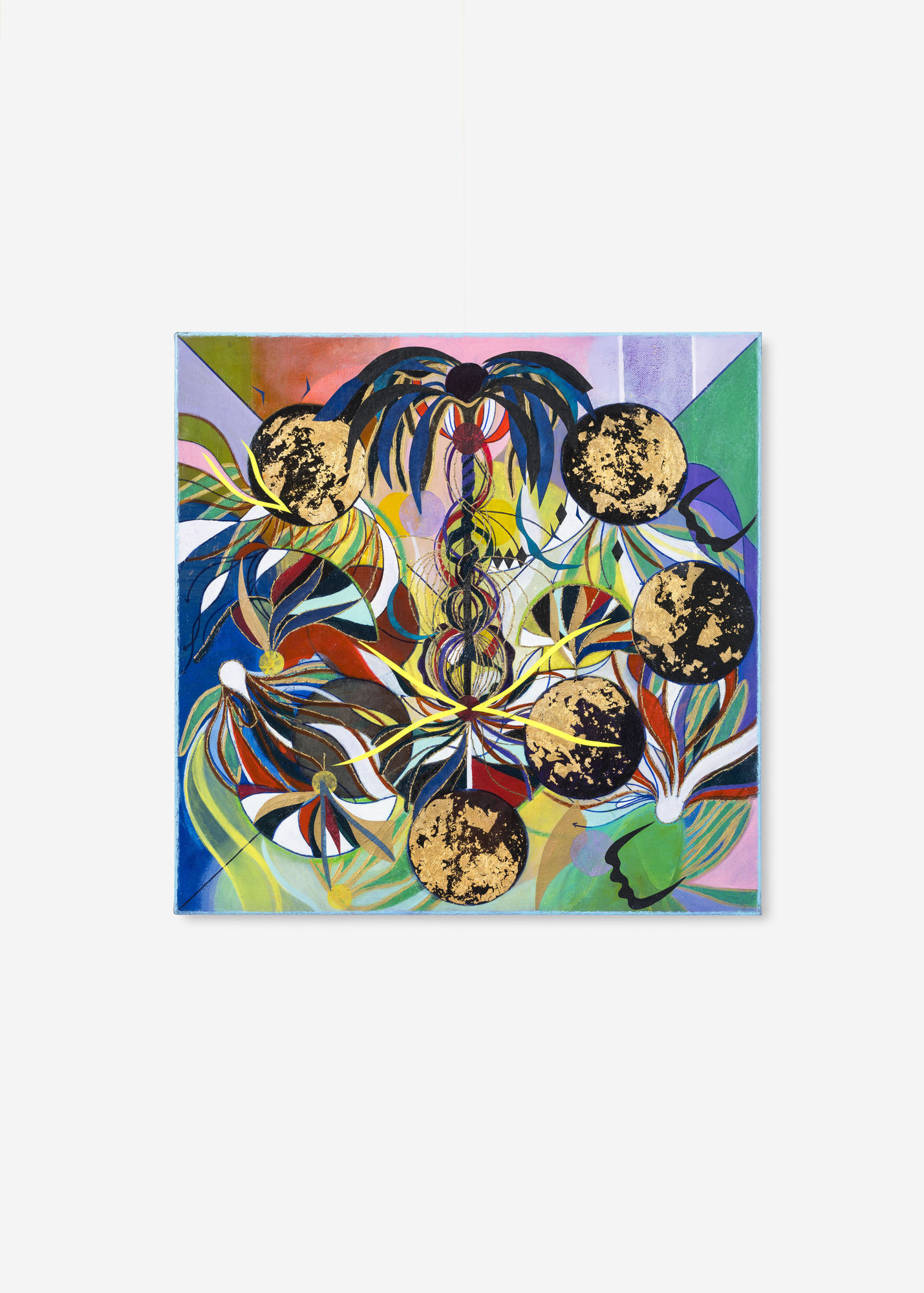 Installation view of Tiffanie Delune’s painting Colour is my mother tongue (2025) on display at Galerie REVEL, featuring vibrant colours and celestial forms in a mixed-media composition.