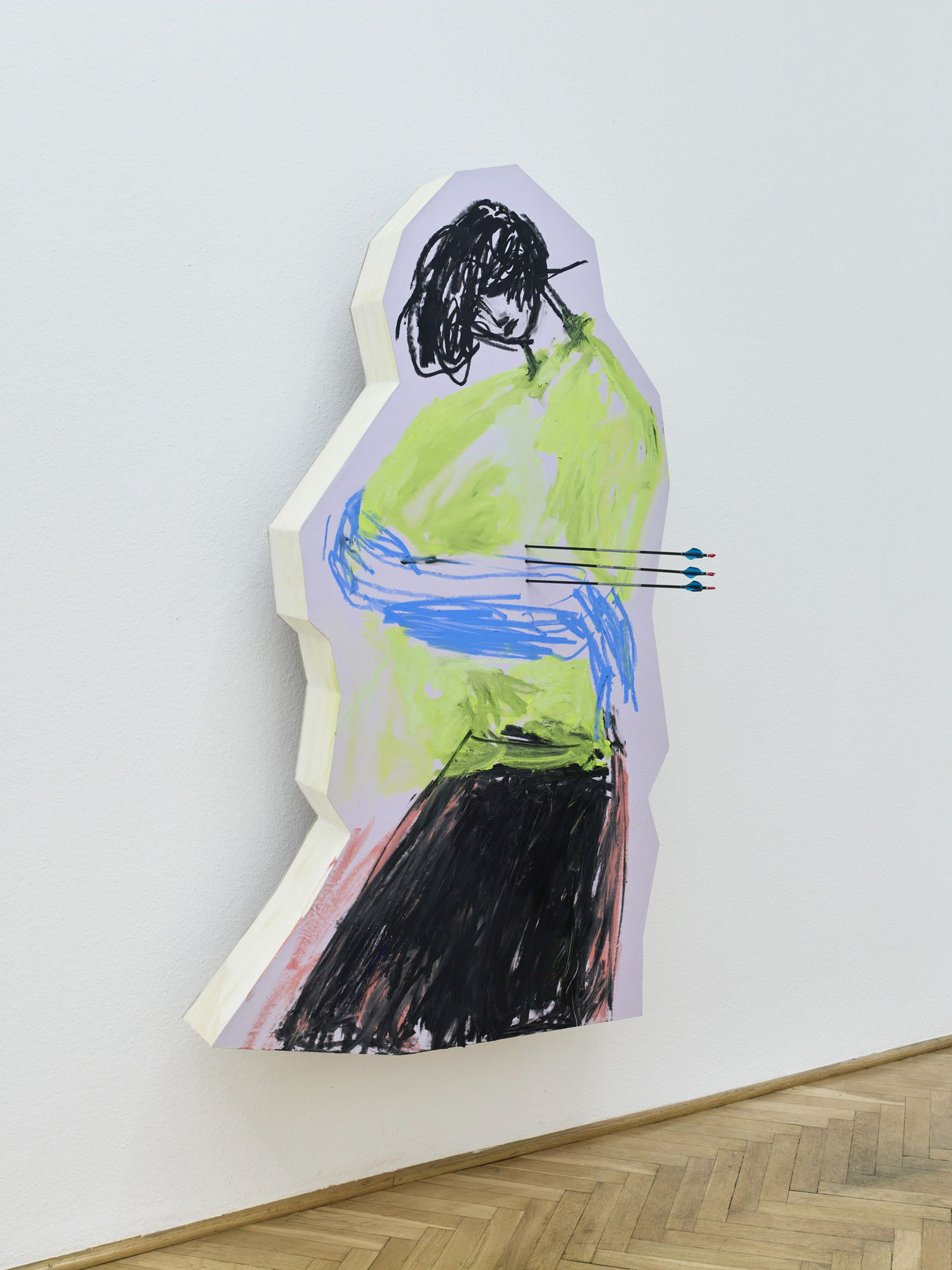 SAGG Napoli & Stefania Batoeva Drama II, 2021 Oil paint, leather, Styrodur, foamed PVC, wood, steel 183 x 106 x 33 cm | 72 1/8 x 41 3/4 x 13 in + arrow (SGSB03)