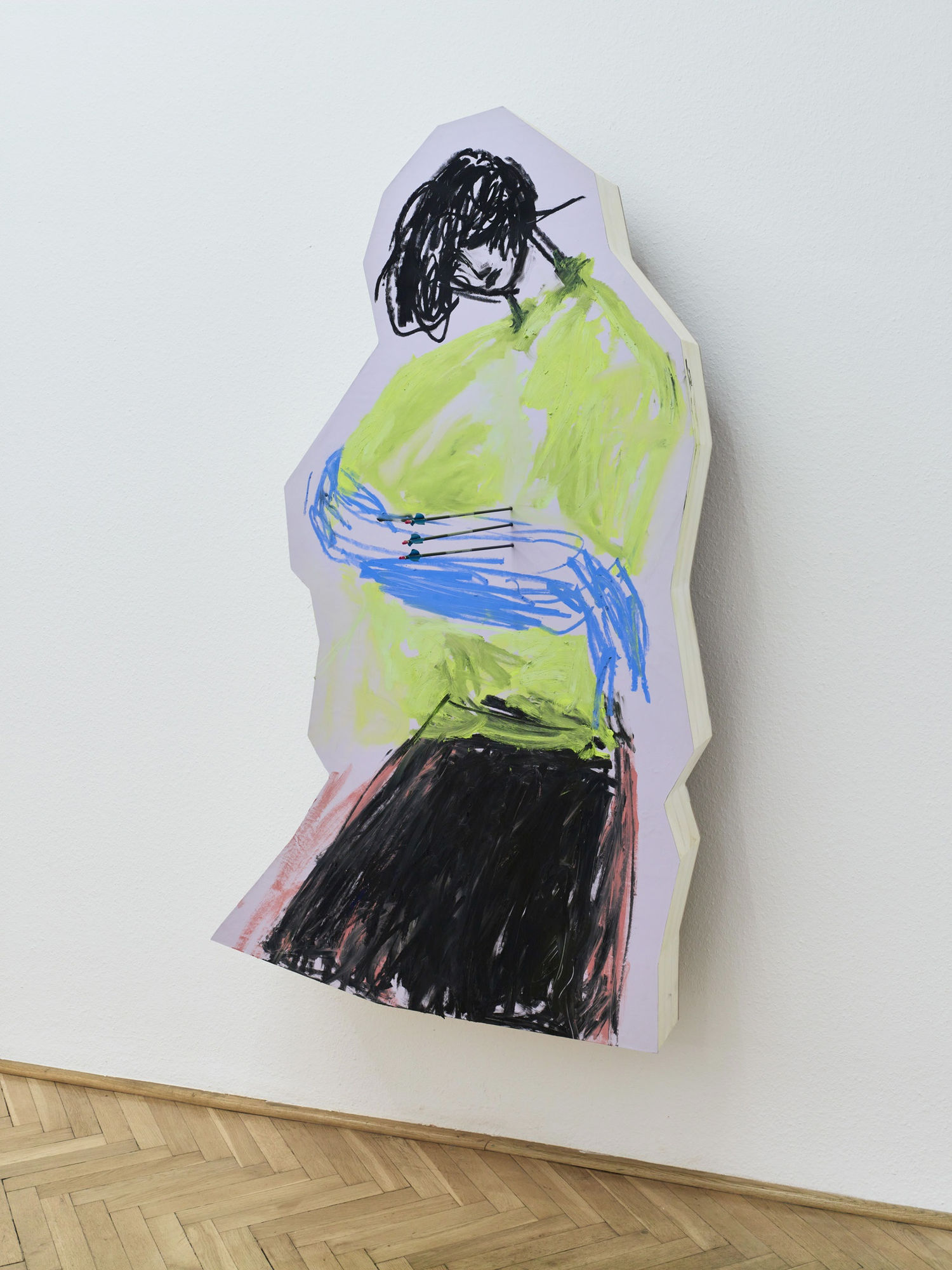 SAGG Napoli & Stefania Batoeva Drama II, 2021 Oil paint, leather, Styrodur, foamed PVC, wood, steel 183 x 106 x 33 cm | 72 1/8 x 41 3/4 x 13 in + arrow (SGSB03)