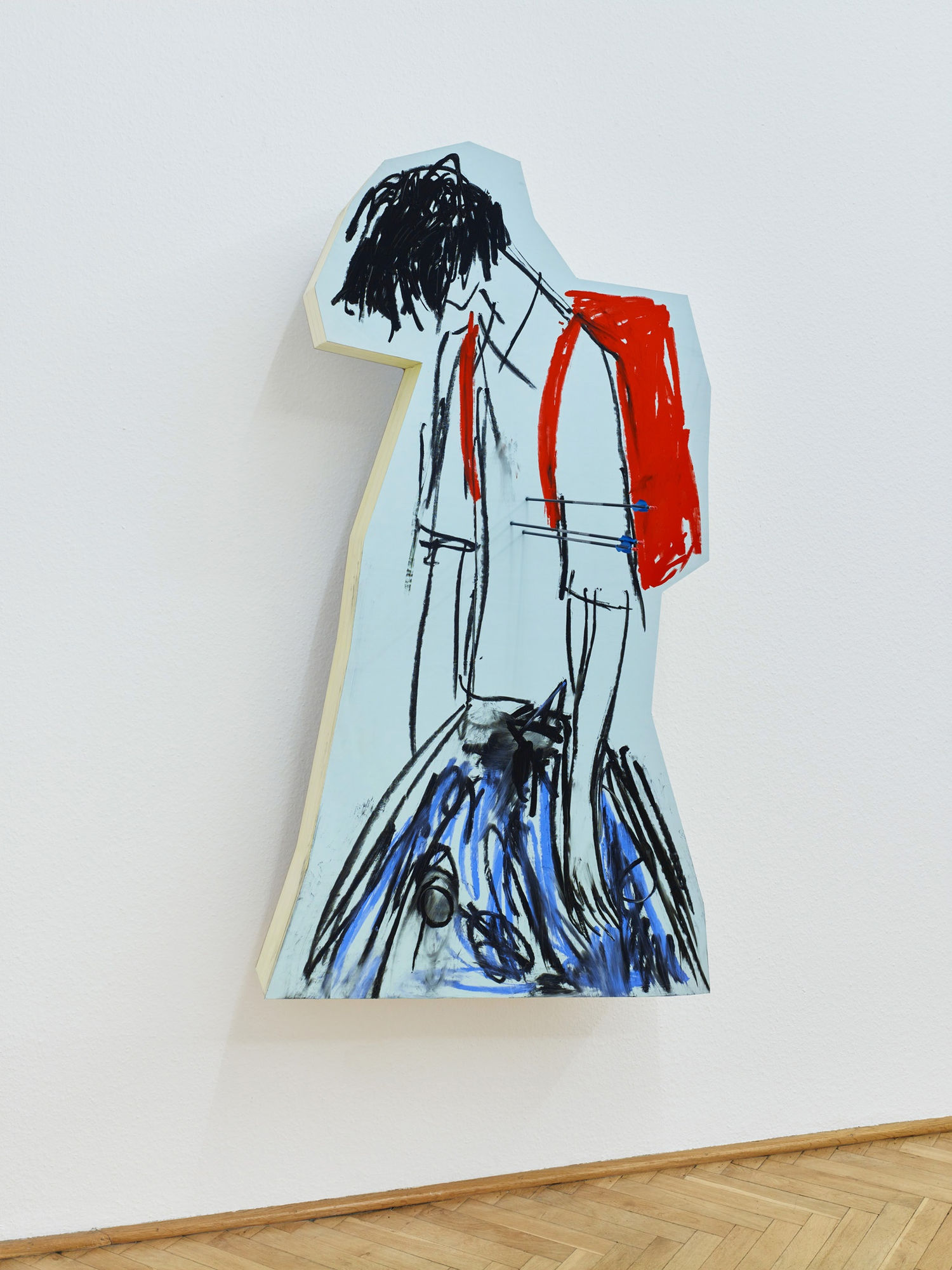 SAGG Napoli & Stefania Batoeva Drama IX, 2021 Oil paint, leather, Styrodur, foamed PVC, wood, steel 166 x 90 x 33 cm | 65 3/8 x 35 3/8 x 13 in + arrow