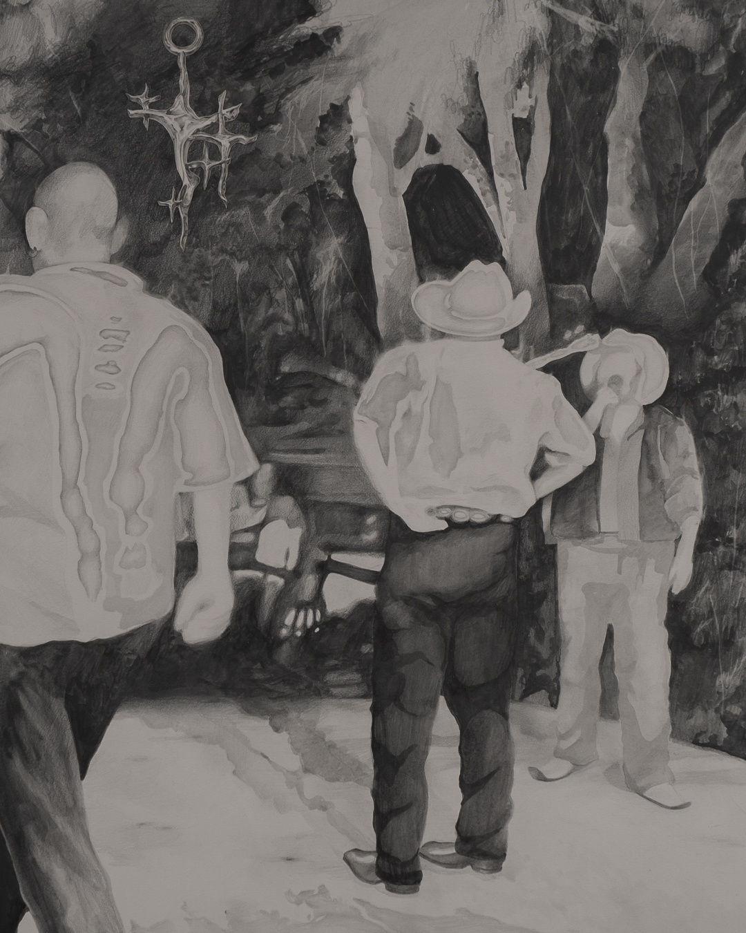 surreal image of figures drawn on panel